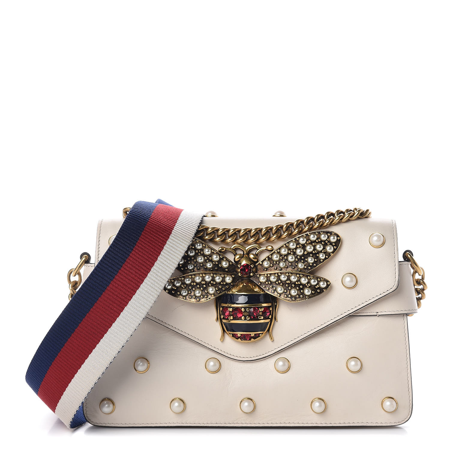 GUCCI Calfskin Pearl Studded Mini Broadway Bee Shoulder Bag White 463770