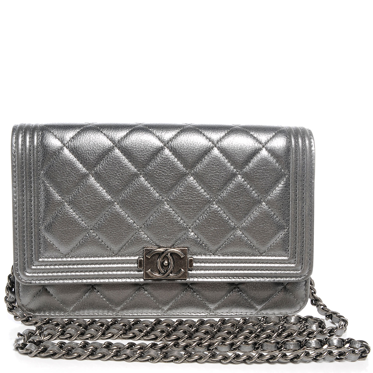 CHANEL Metallic Calfskin Quilted Boy Wallet On Chain WOC Silver 60782