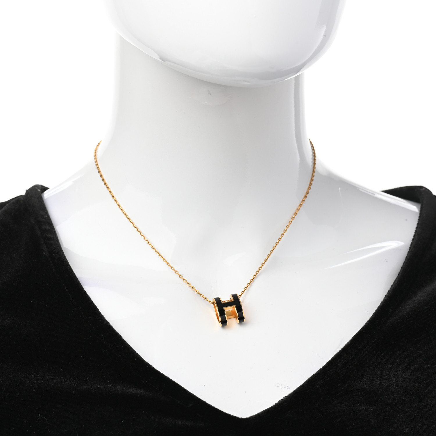 HERMES Lacquered Gold Pop H Pendant Necklace Black 763558 | FASHIONPHILE