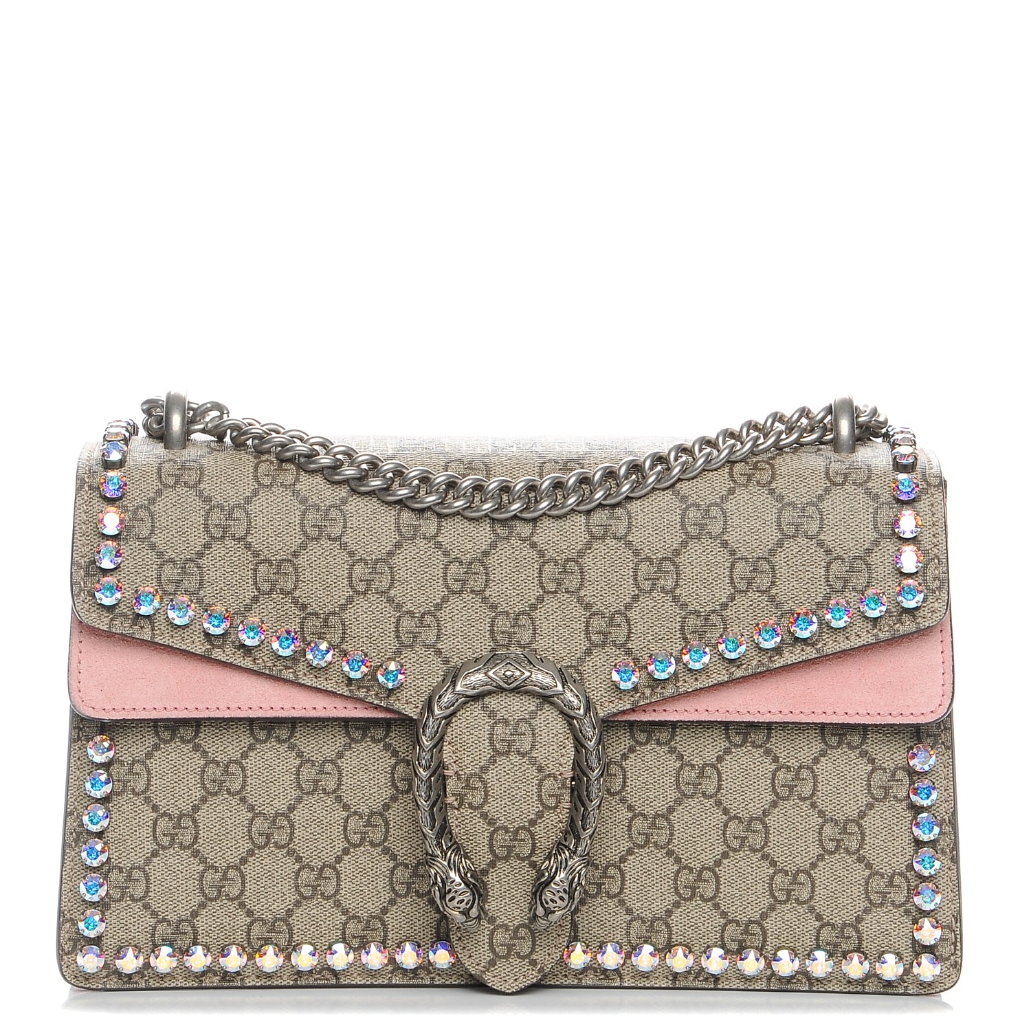 GUCCI GG Supreme Monogram Crystal Small Dionysus Shoulder Bag Pink 213675