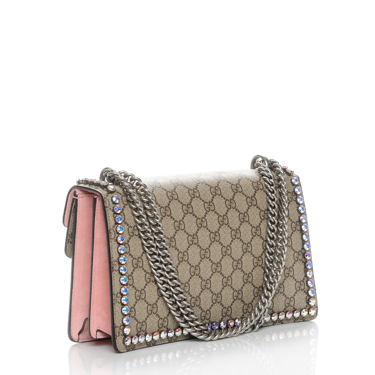 GUCCI GG Supreme Monogram Crystal Small Dionysus Shoulder Bag Pink 213675