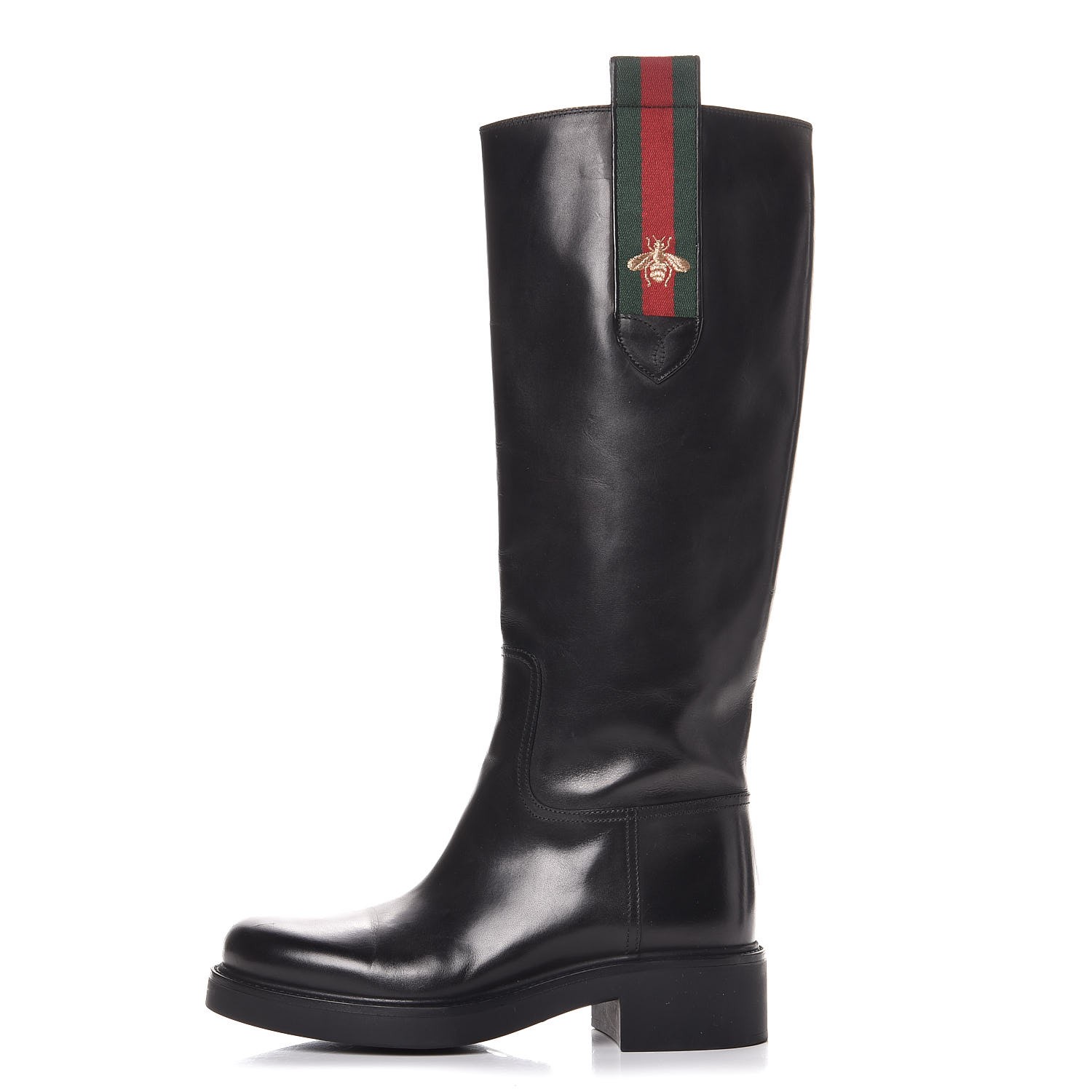 GUCCI Calfskin Web Bee Betis Glamour Riding Boots 37.5 Black 290507
