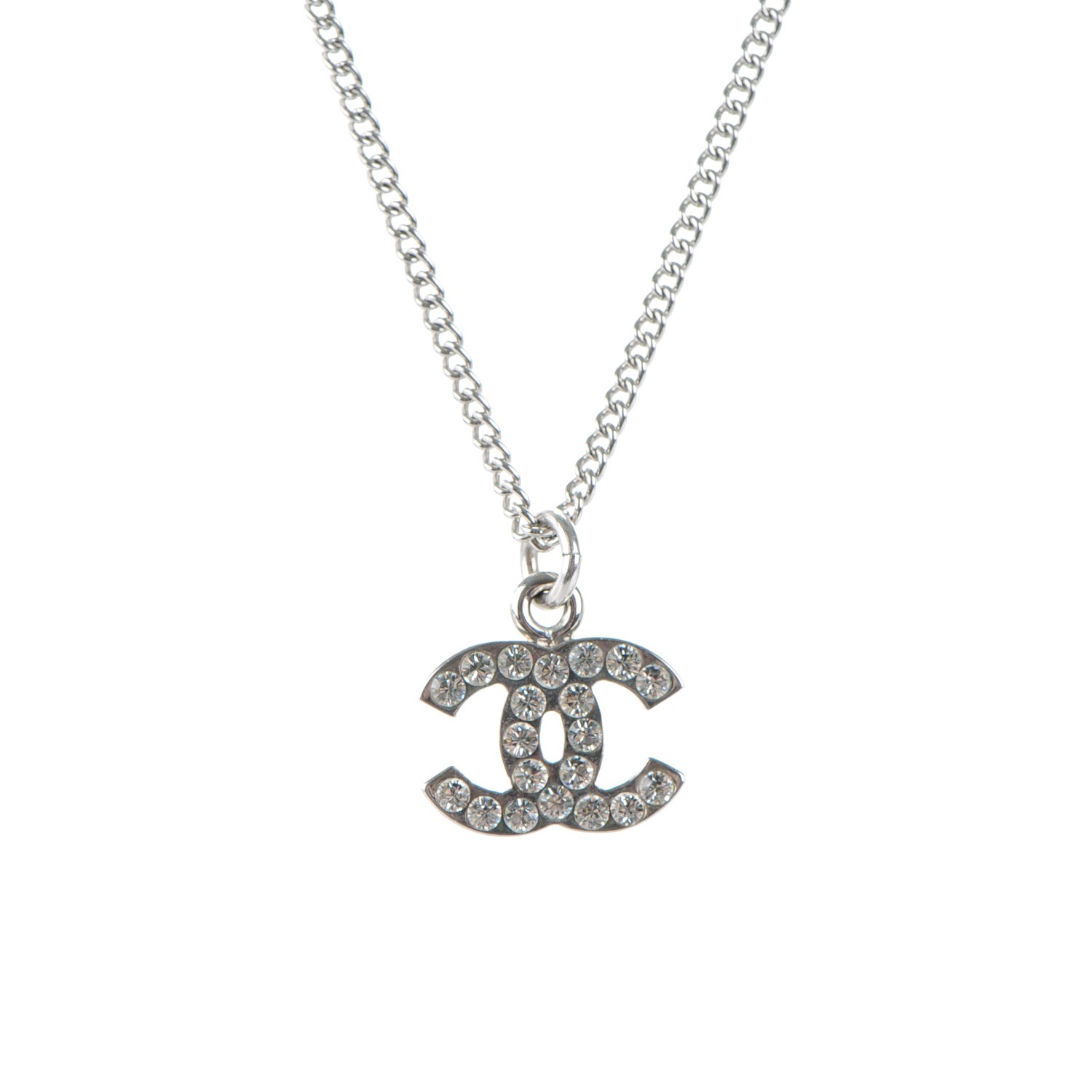 CHANEL Crystal Timeless CC Necklace Silver 163779
