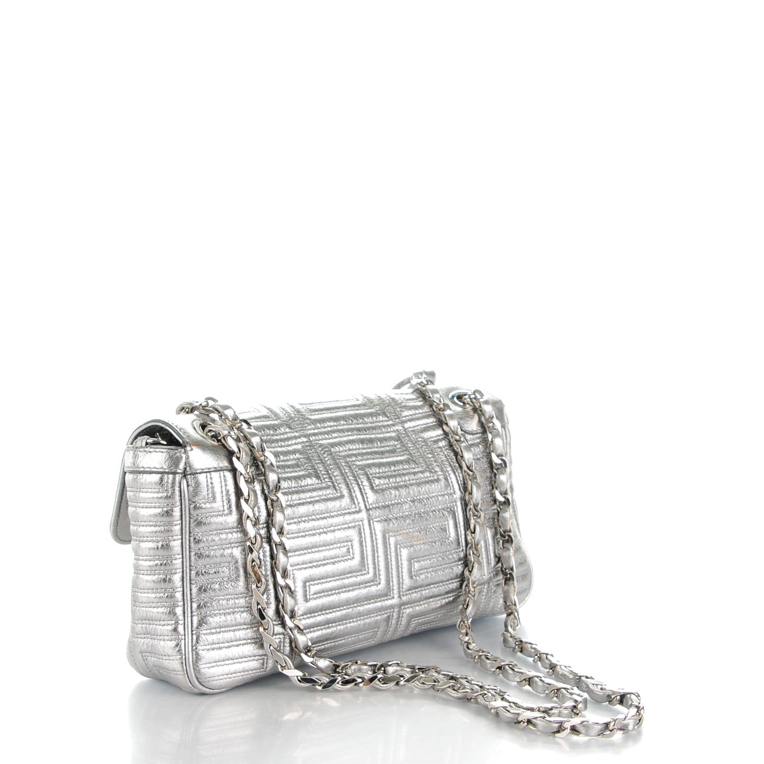 VERSACE Metallic Calfskin Quilted Couture Shoulder Bag Silver 150388