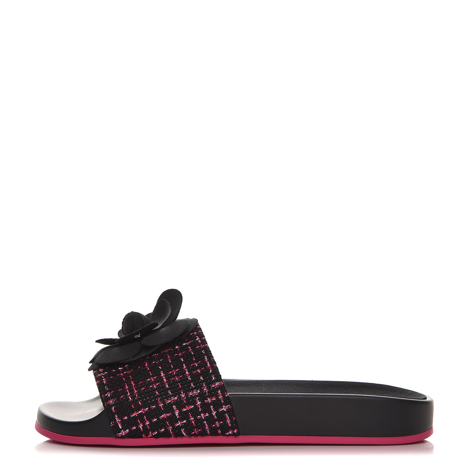 CHANEL Tweed Grosgrain Camellia Flat Sandals 35 Black Pink 225097