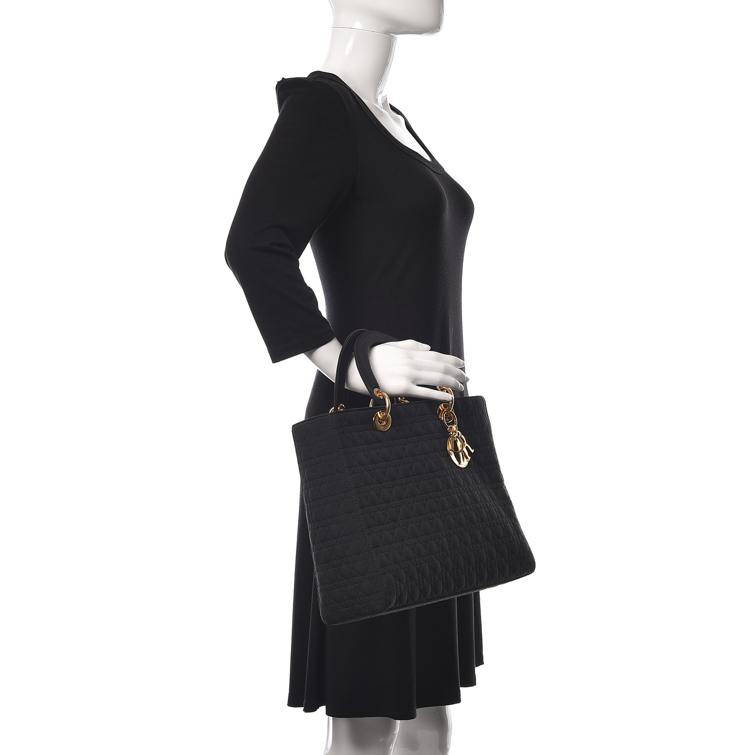 CHRISTIAN DIOR Nylon Cannage Quilted Large Lady Dior Black 472706