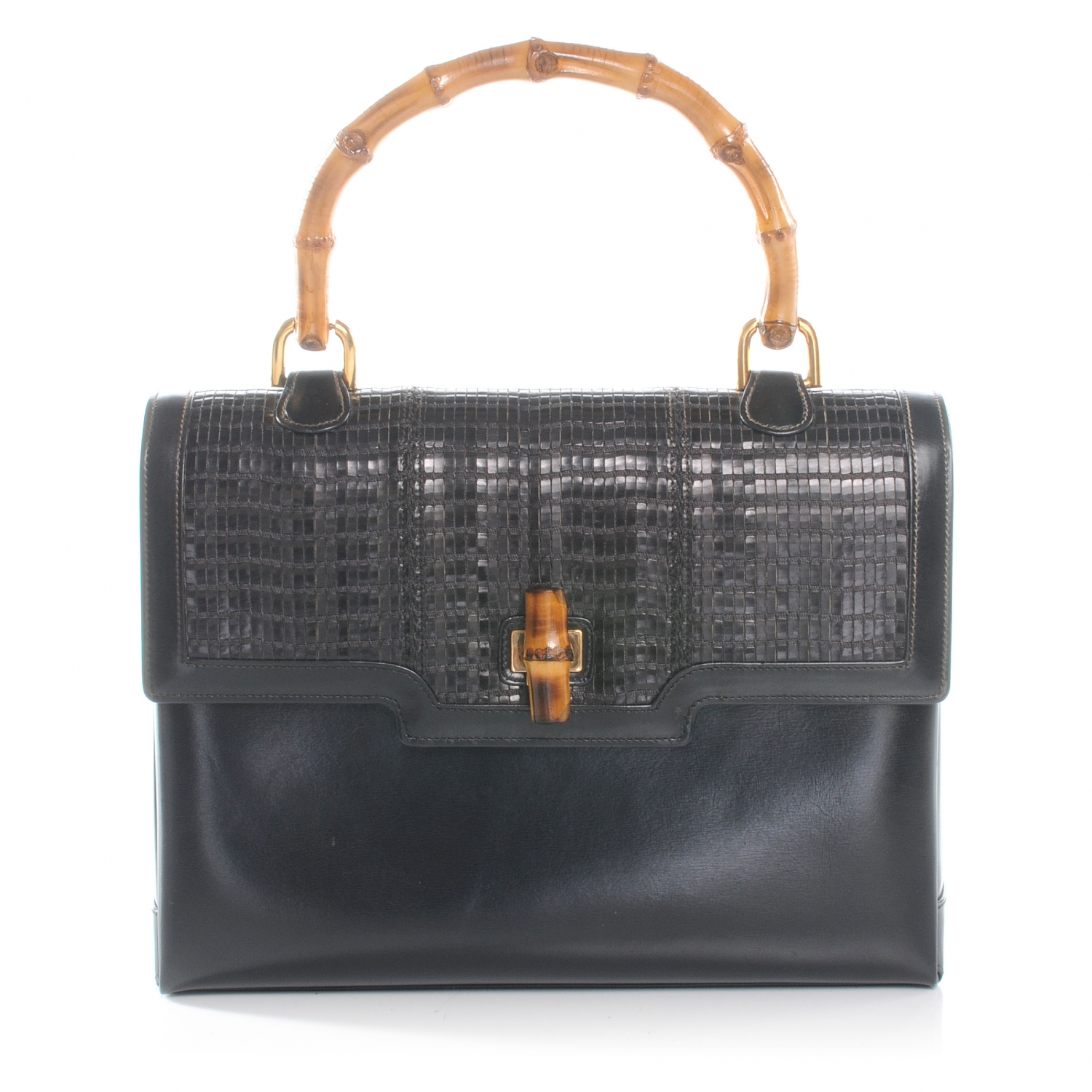 GUCCI Woven Leather Bamboo Top Handle Bag Black 44868