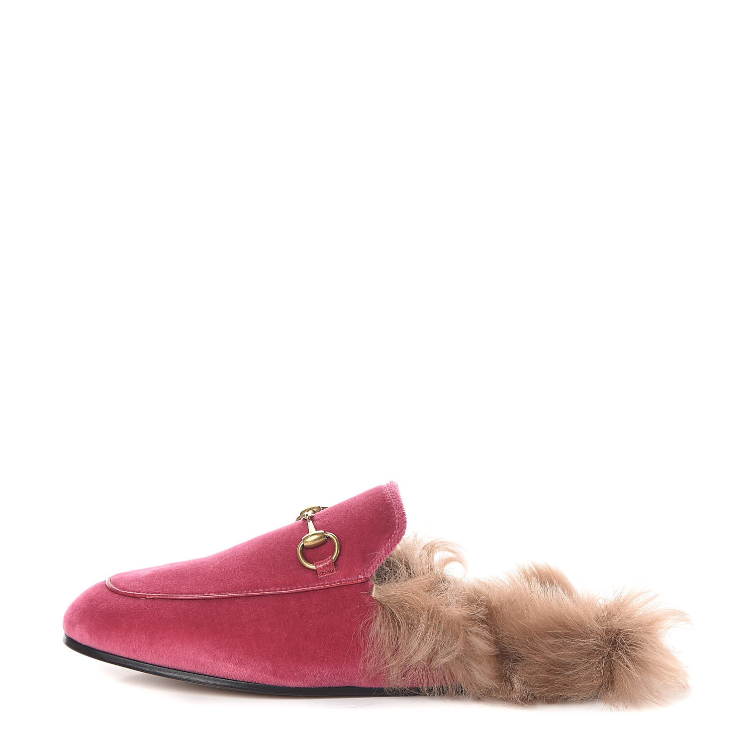 GUCCI Velvet Fur Womens Princetown Slippers Slides 37.5 Pink 526083