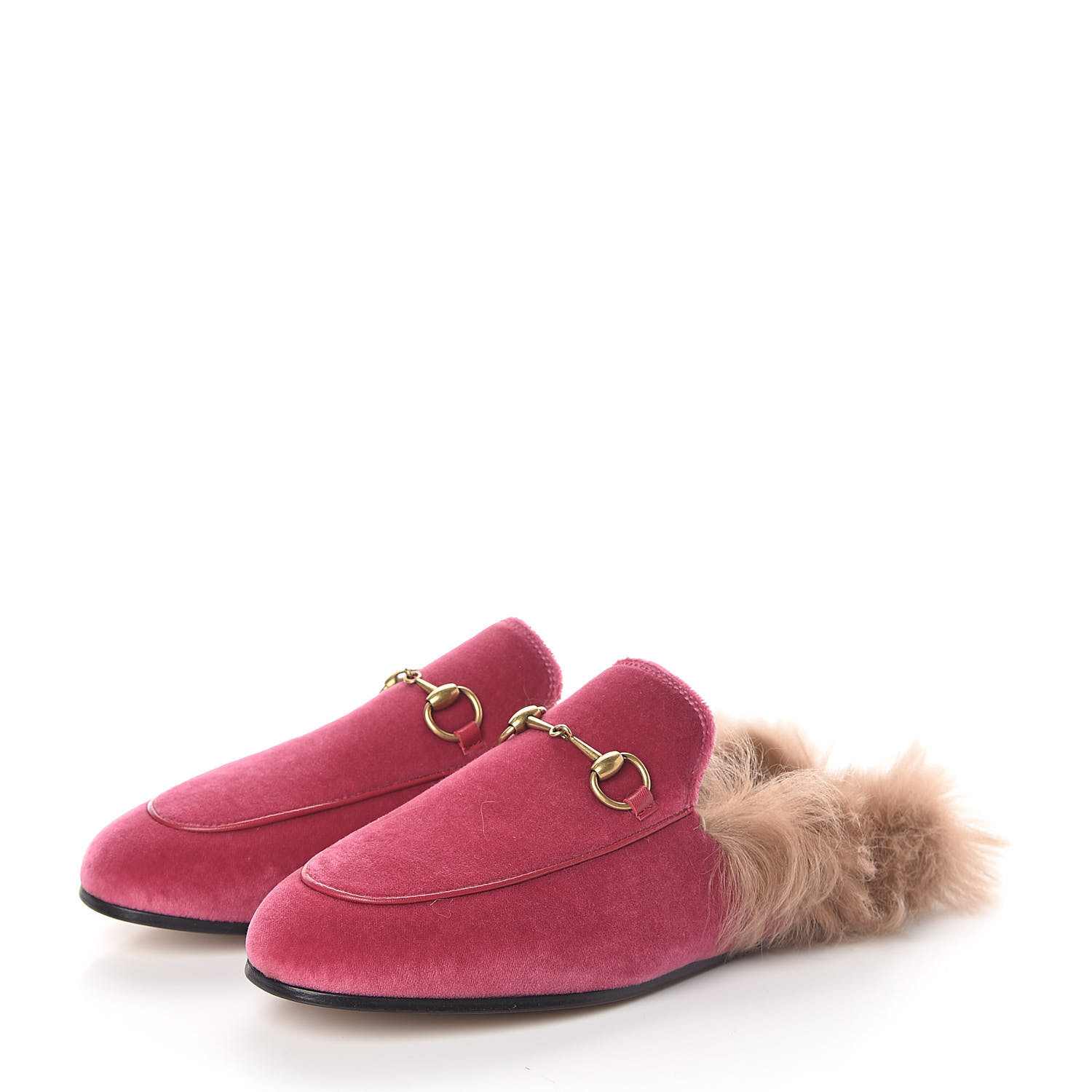 GUCCI Velvet Fur Womens Princetown Slippers Slides 37.5 Pink 526083