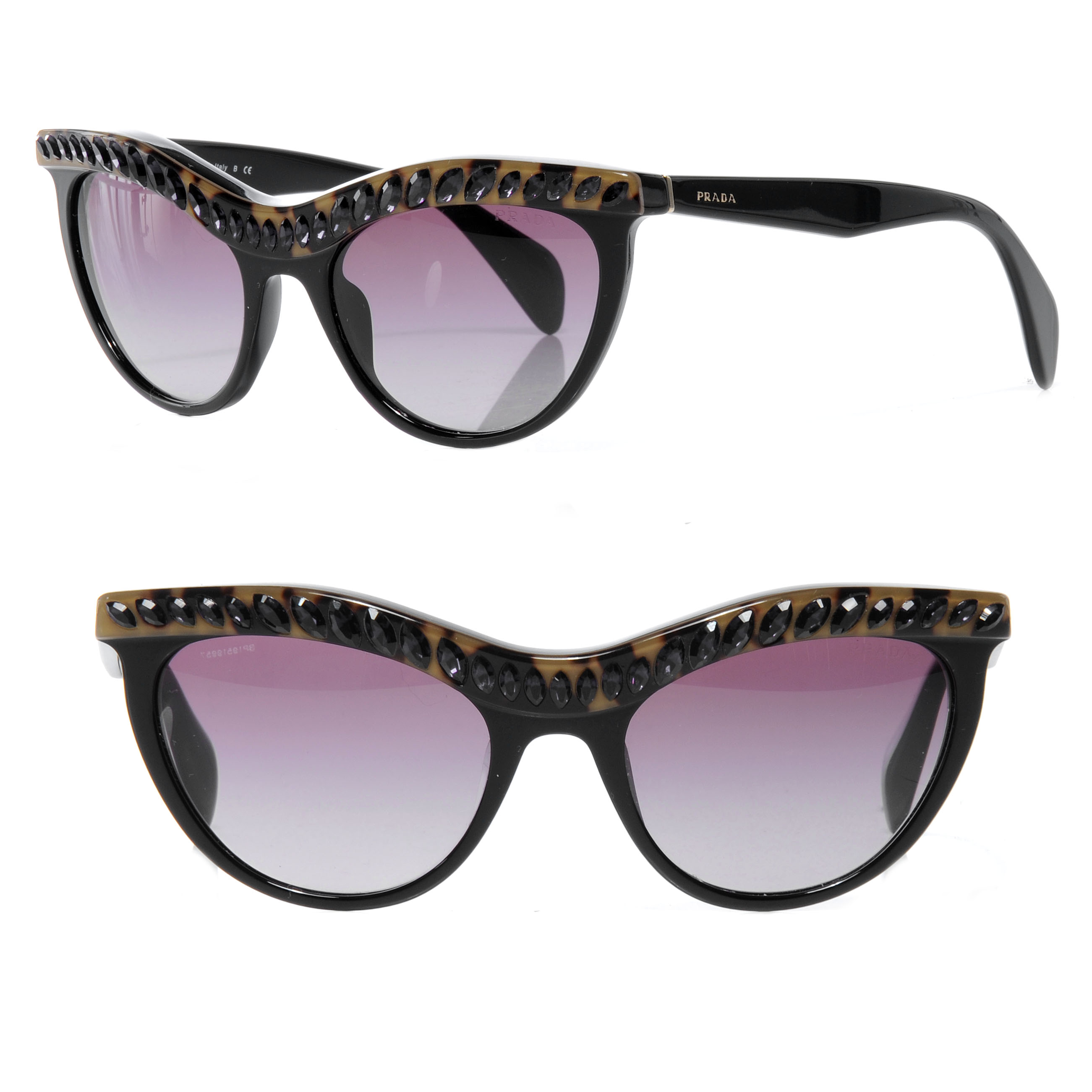 PRADA Crystal Cat Eye Sunglasses SPR 04P Black Havana 57288