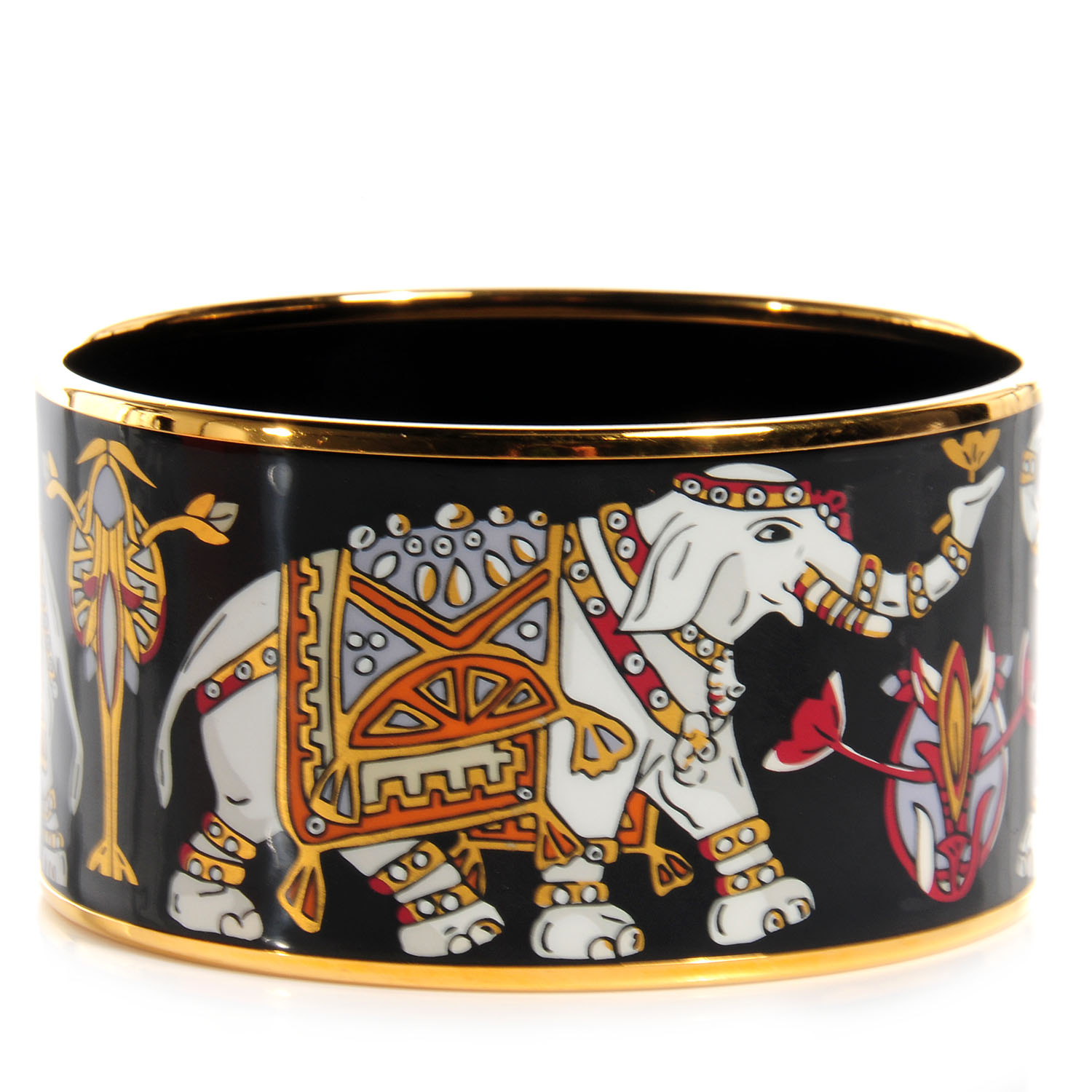 HERMES Enamel Printed Elephant Torana Extra Wide Bracelet 70 Black 68410