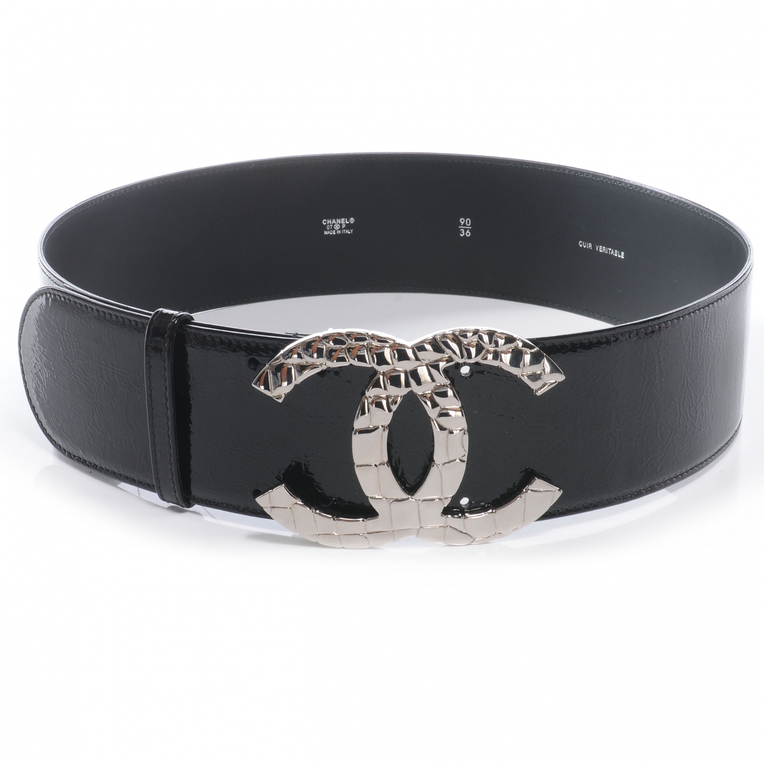 CHANEL Patent Leather Silver CC Buckle Wide Belt 90 36 Black 45484