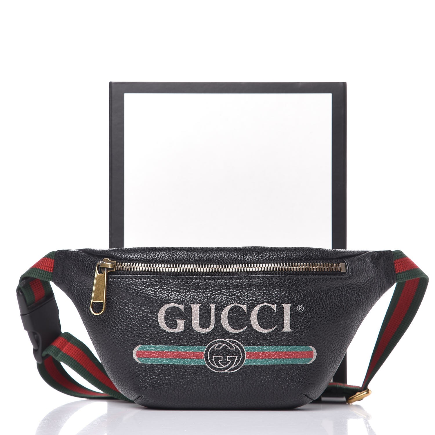 gucci print small belt bag review GUCCI Grained Calfskin Gucci Print Small Belt Bag Black 323929