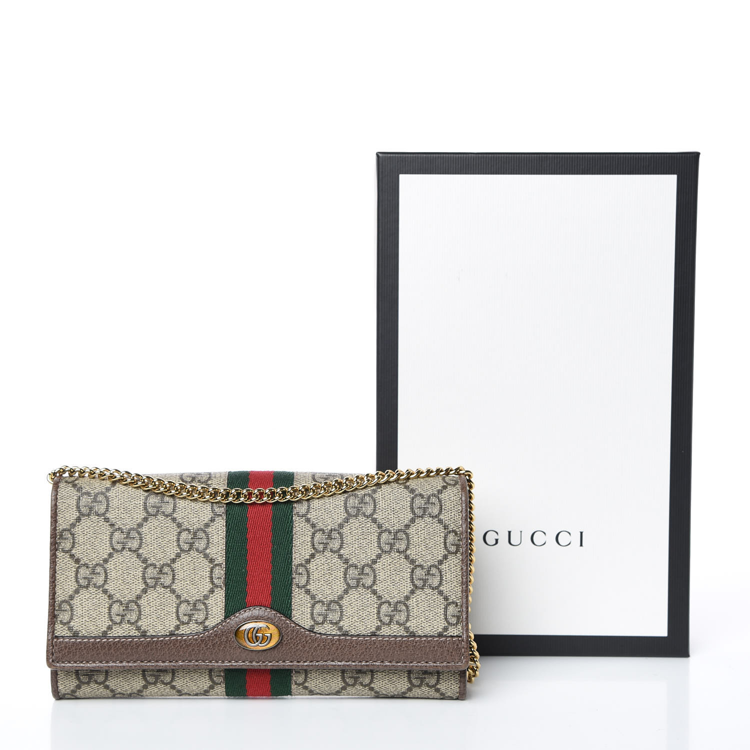 GUCCI GG Supreme Monogram Web Ophidia Wallet On Chain Brown 383554