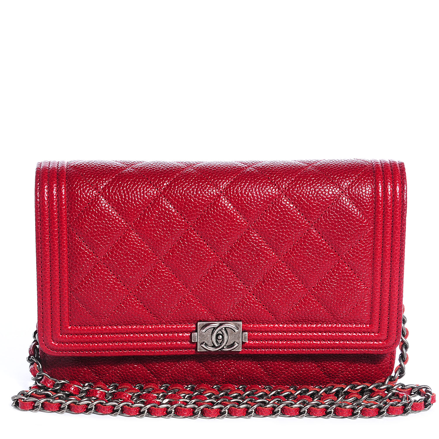 CHANEL Caviar Quilted Boy Wallet On Chain WOC Red 67918