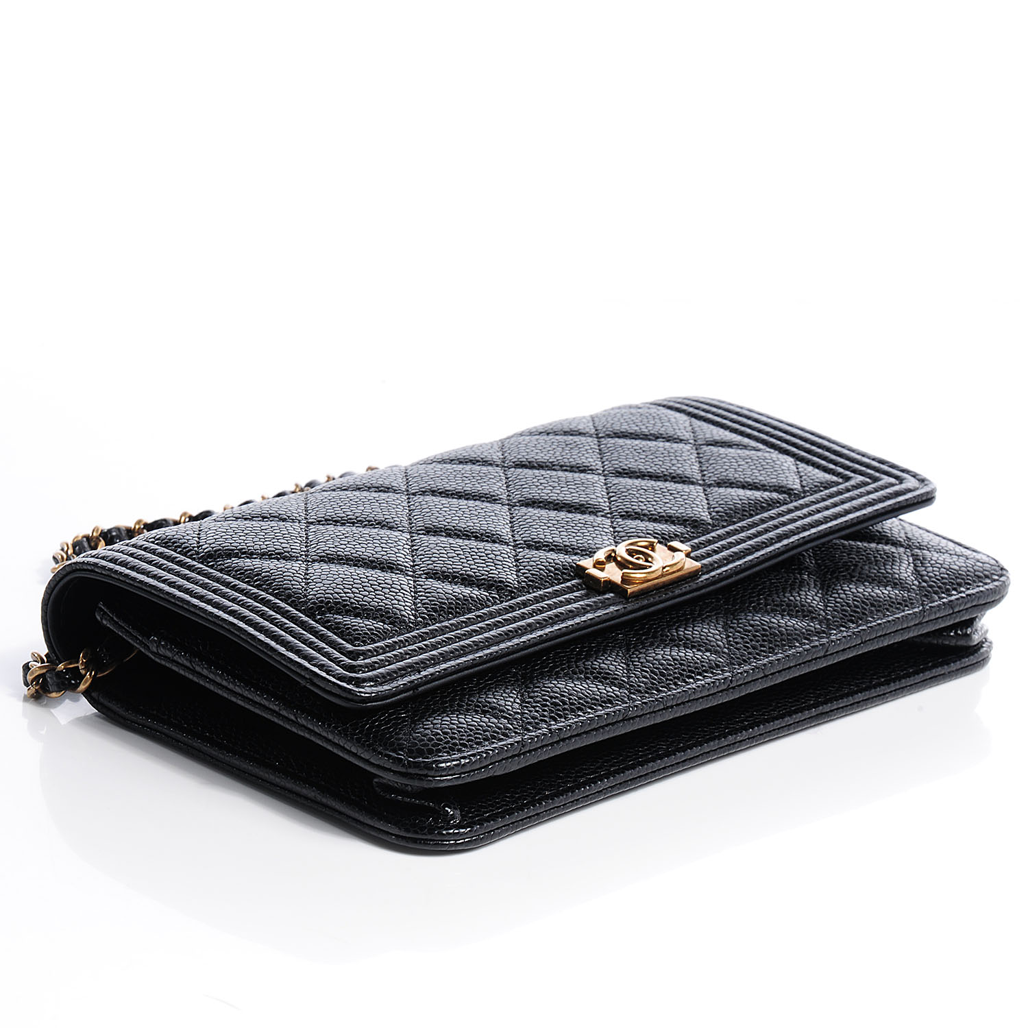 CHANEL Caviar Quilted Boy Wallet On Chain WOC Black 63957 | FASHIONPHILE