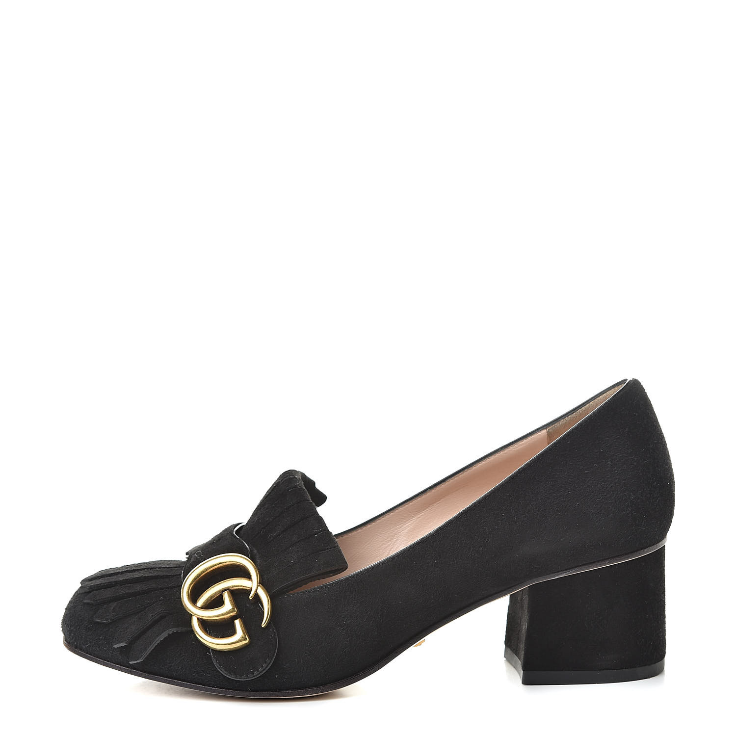 GUCCI Suede GG Marmont Fringe Loafer Pumps 36.5 Black 518691