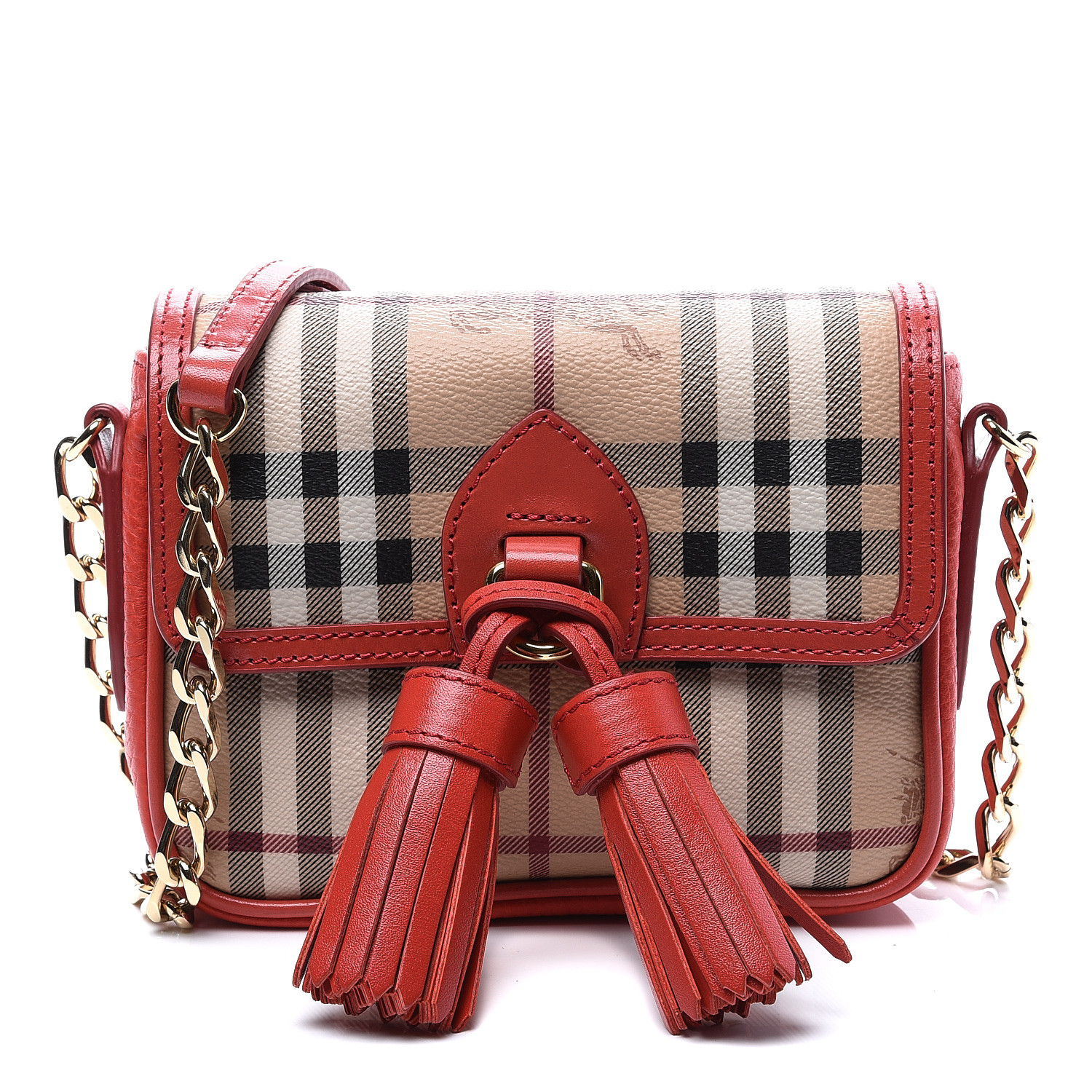 BURBERRY Haymarket Check Mini Tassel Crossbody Bag Red 556513