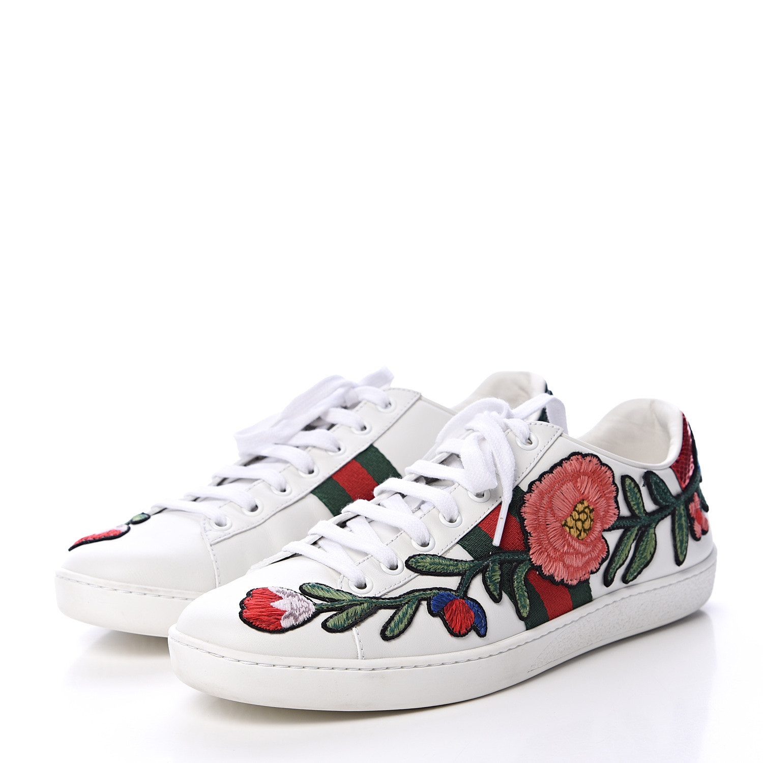 GUCCI Calfskin Web Floral Embroidered Womens Ace Sneakers 38.5 White 554471