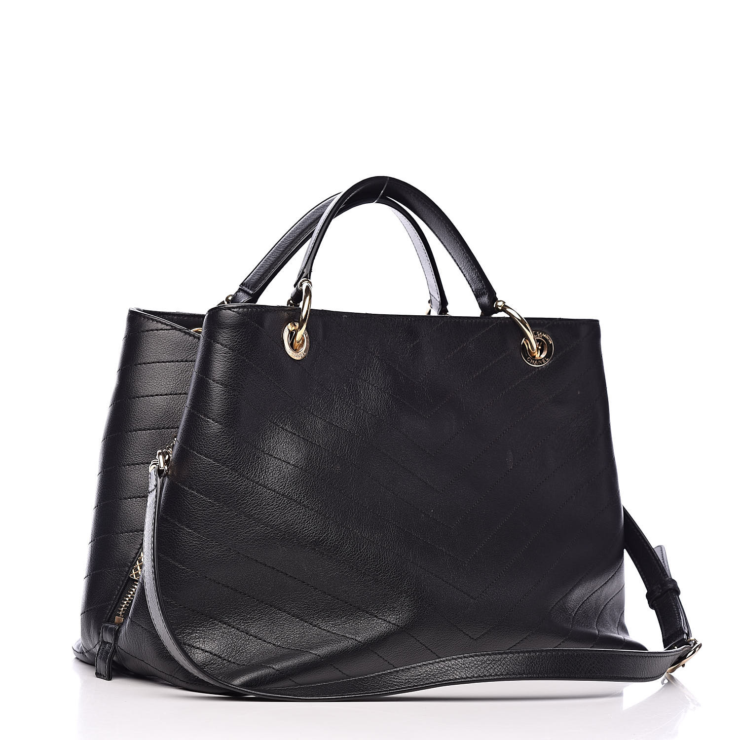 CHANEL Calfskin Elaphe Stitched Large Chevron Chic Shopping Bag Black ...