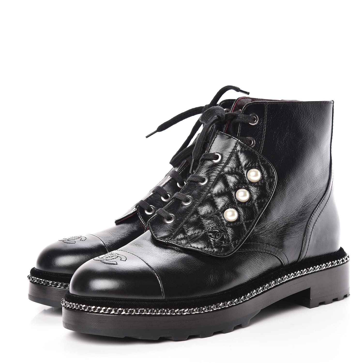 CHANEL Crackled Calfskin Velvet Pearl Combat Short Boots 40 Black 446751
