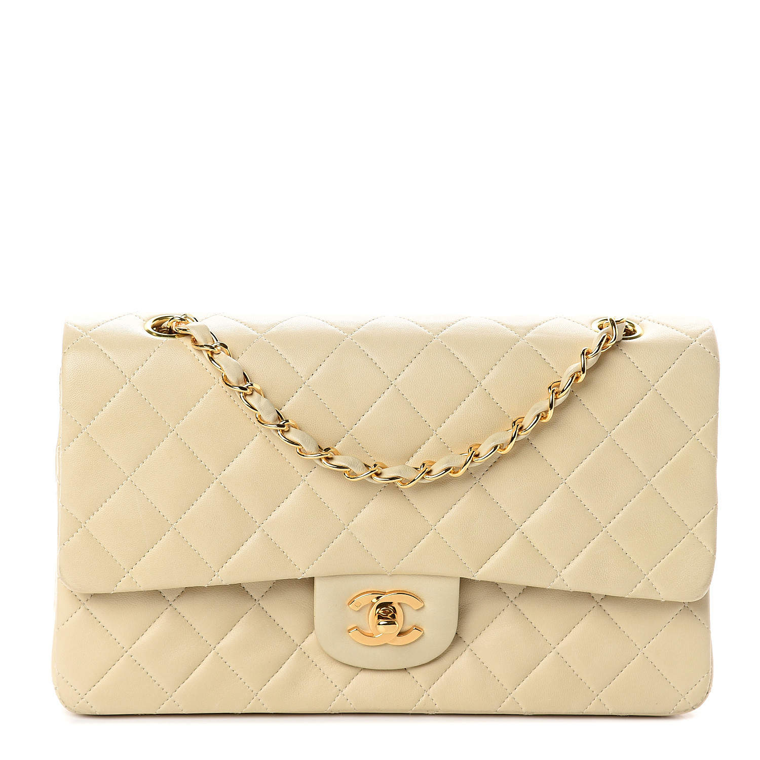 CHANEL Lambskin Quilted Medium Double Flap Beige 541643