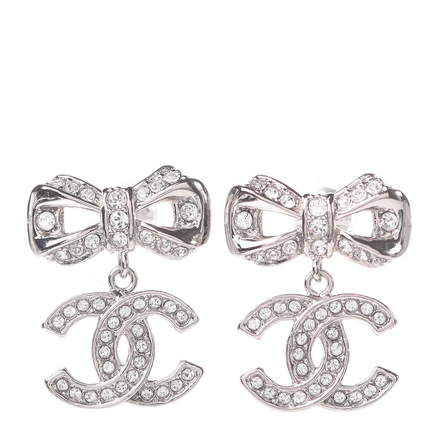 CHANEL Crystal CC Bow Dangle Earrings Silver 322644