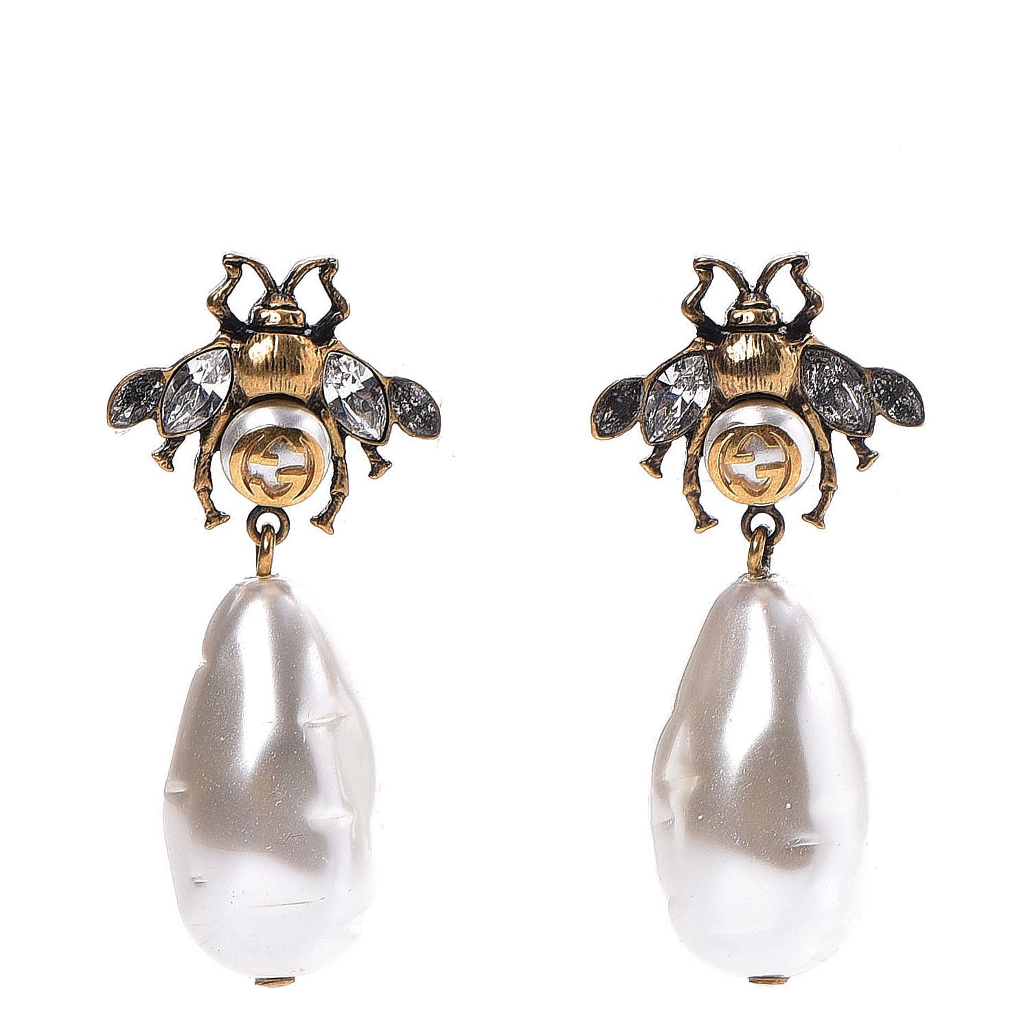 GUCCI Crystal Pearl Drop Bee Earrings Gold 284150