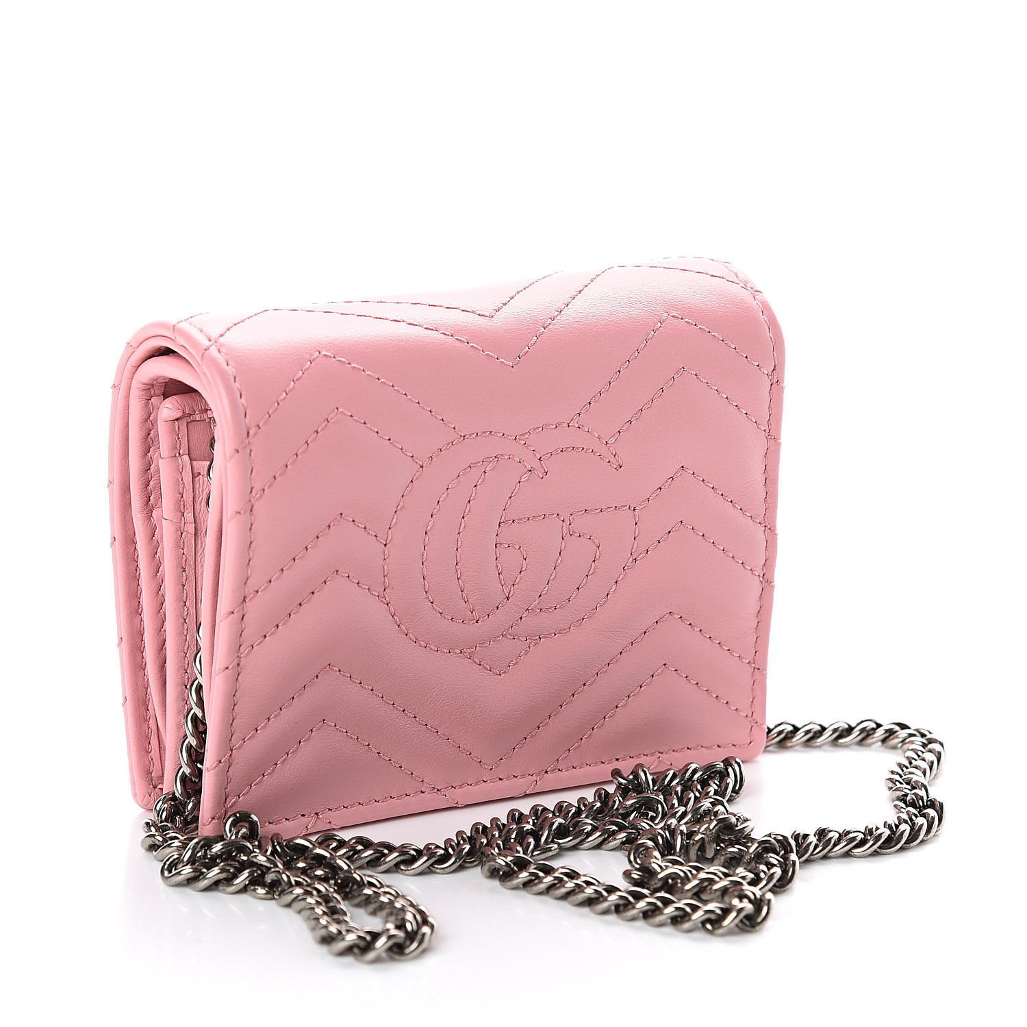 GUCCI Calfskin Matelasse GG Marmont Mini Wallet On Chain Pastel Pink 552860