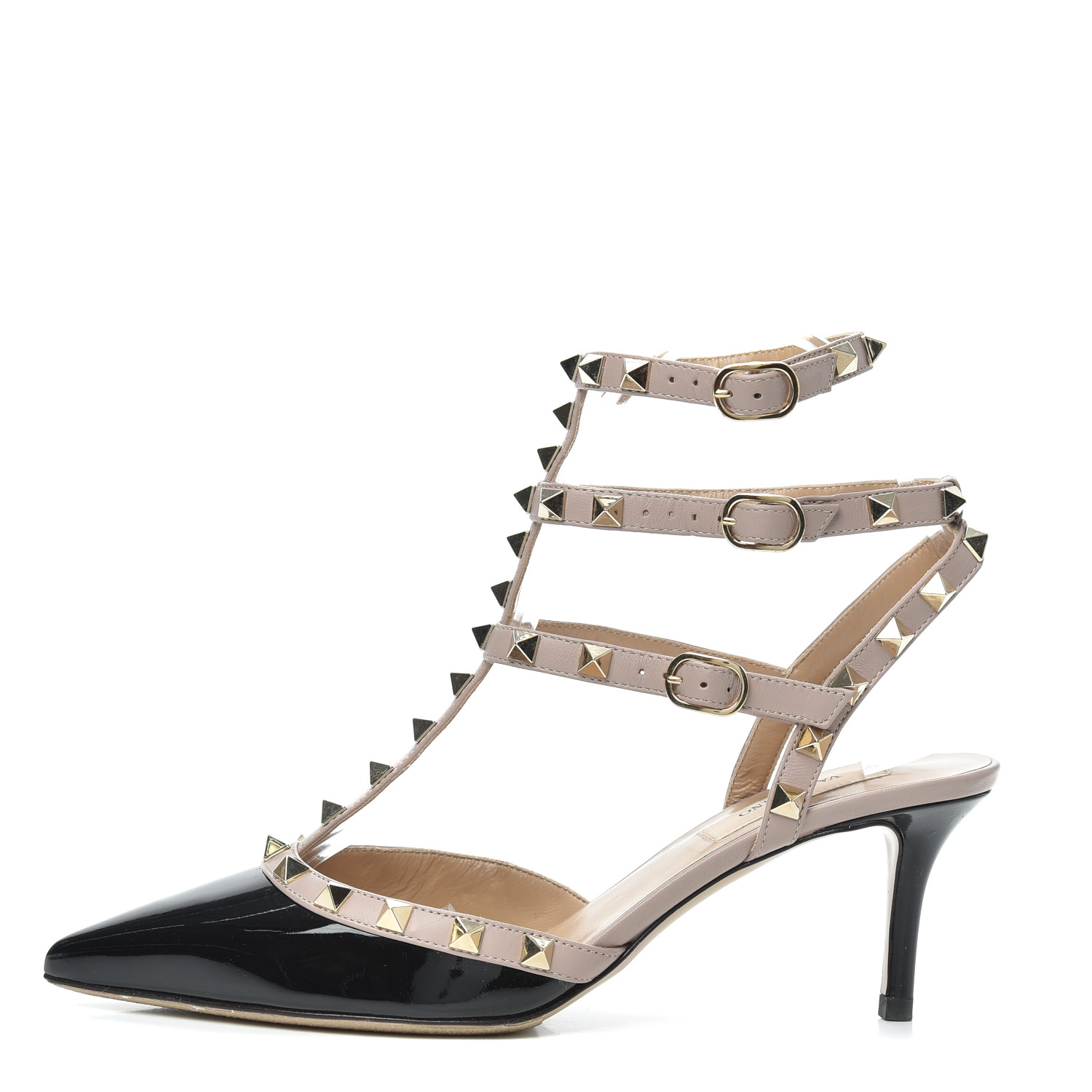 VALENTINO Patent Rockstud Ankle Strap Low Heel Pumps 37.5 Black Poudre ...