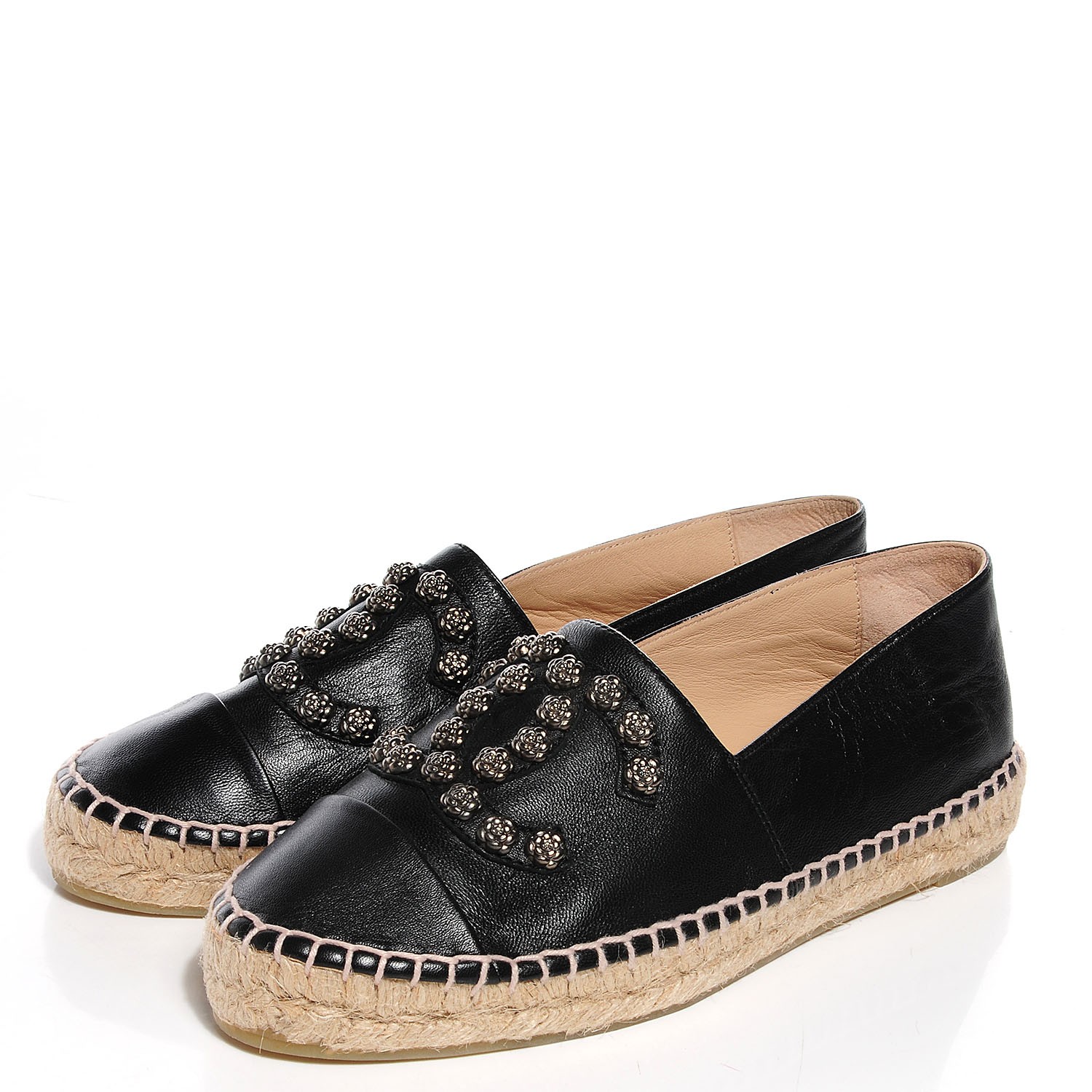 CHANEL Lambskin Camellia CC Stud Espadrilles 37 Black 95026