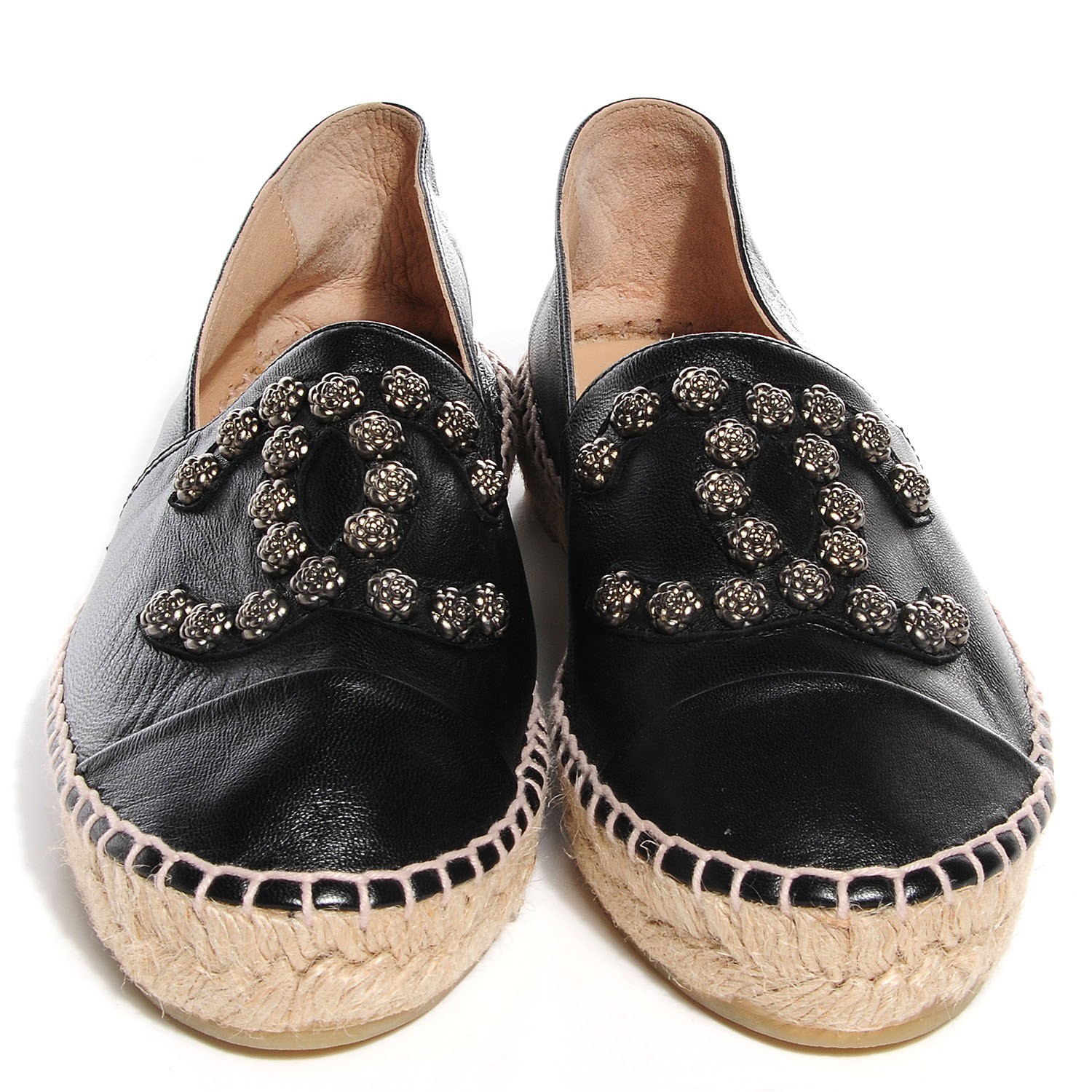 CHANEL Lambskin Camellia CC Stud Espadrilles 37 Black 95026