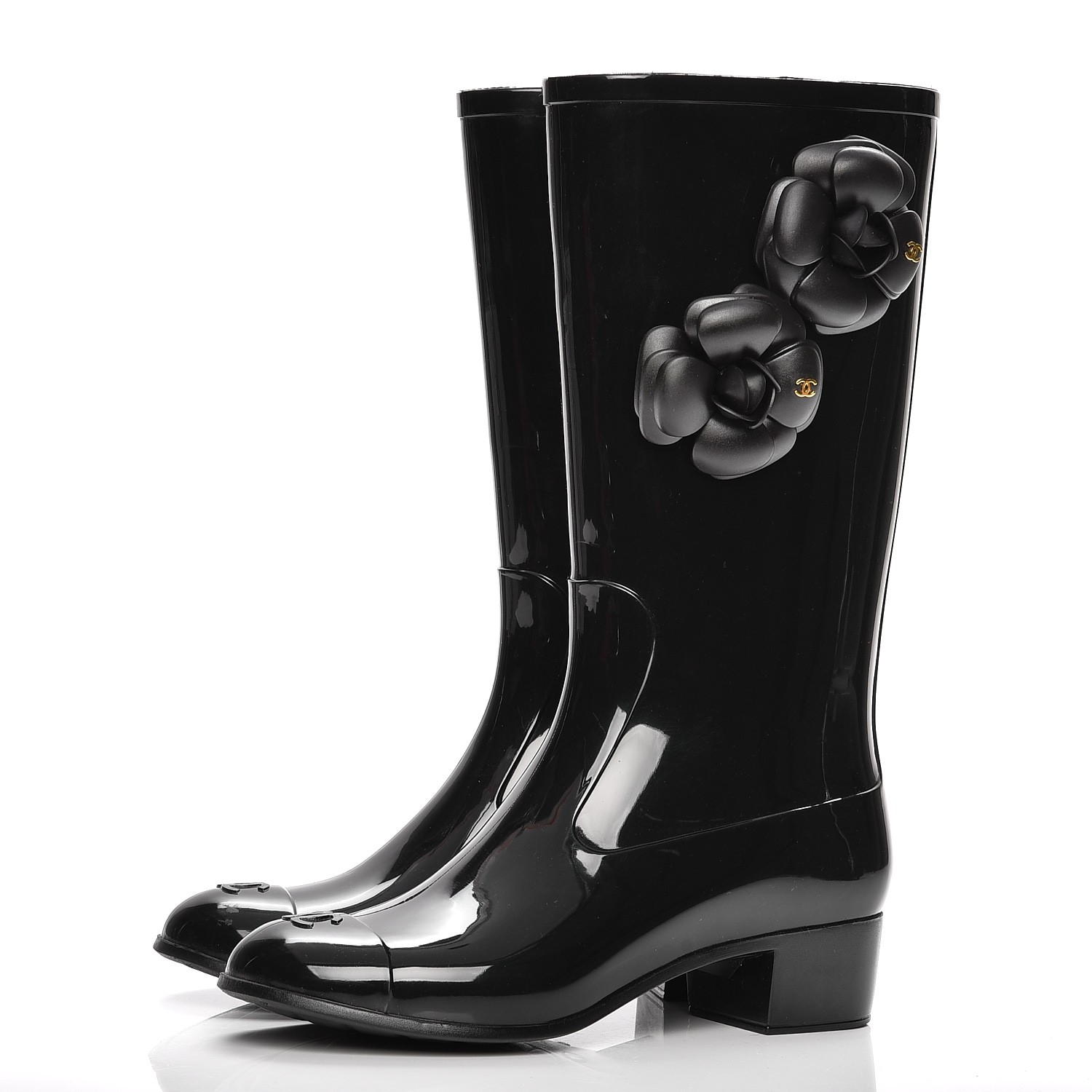 CHANEL Rubber Camellia Rain Boots 37 Black 207411