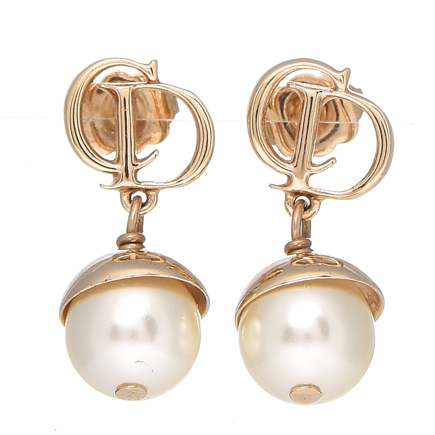 CHRISTIAN DIOR Pearl CD Drop Earrings Gold 392310 | FASHIONPHILE