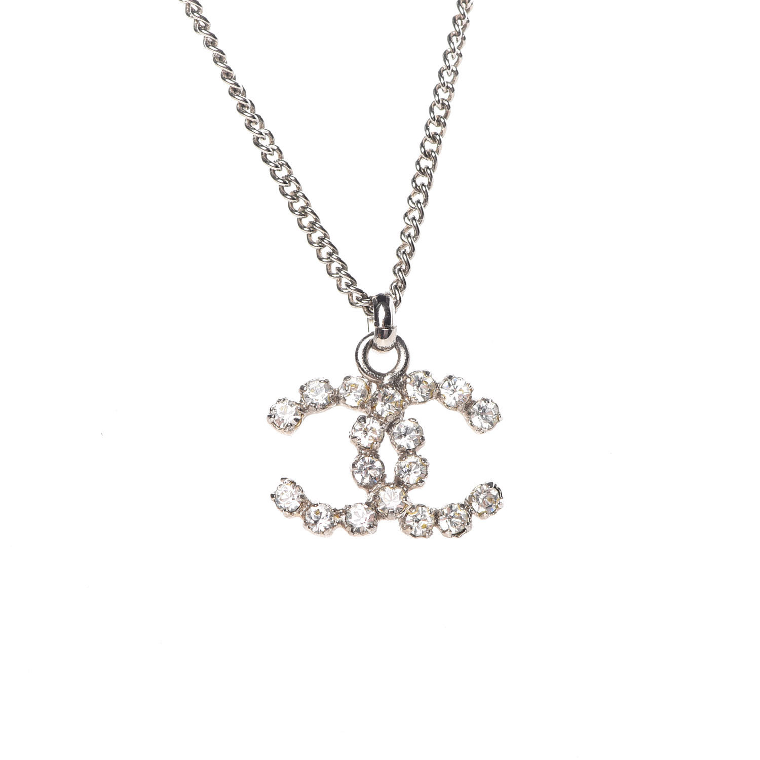 CHANEL Crystal CC Pendant Necklace Silver 384853