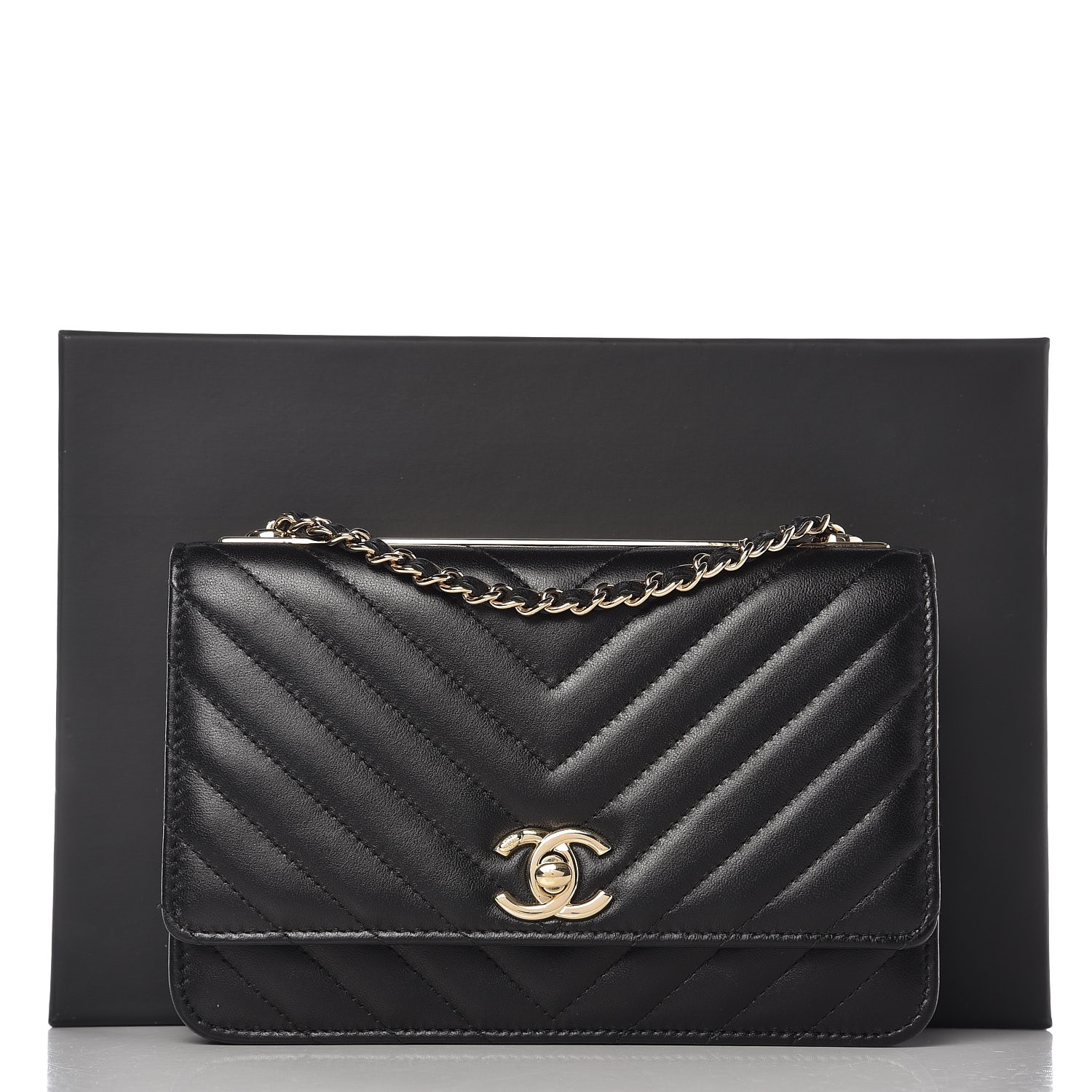 CHANEL Lambskin Chevron Quilted Trendy CC Wallet On Chain WOC Black