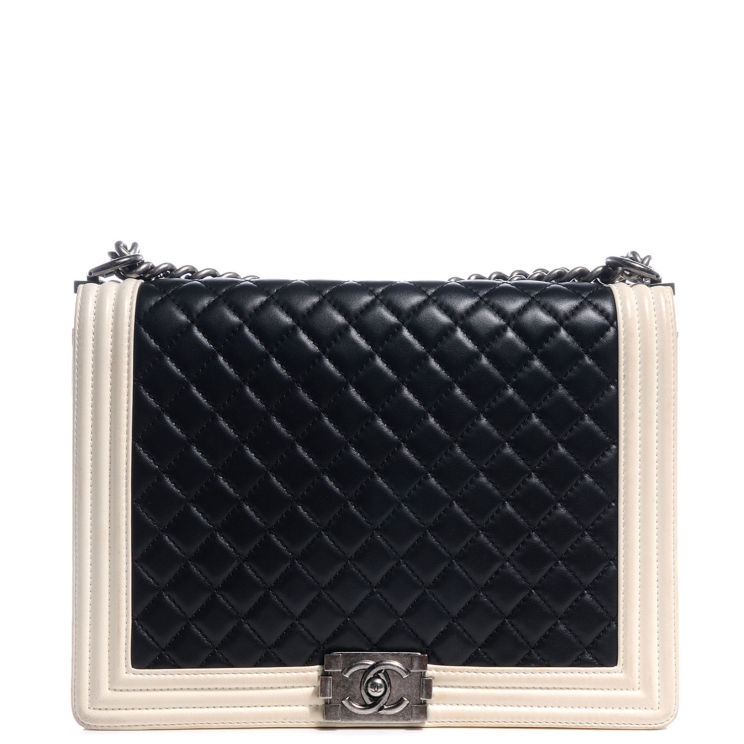 CHANEL Lambskin Quilted Large Boy Flap Black White 59582