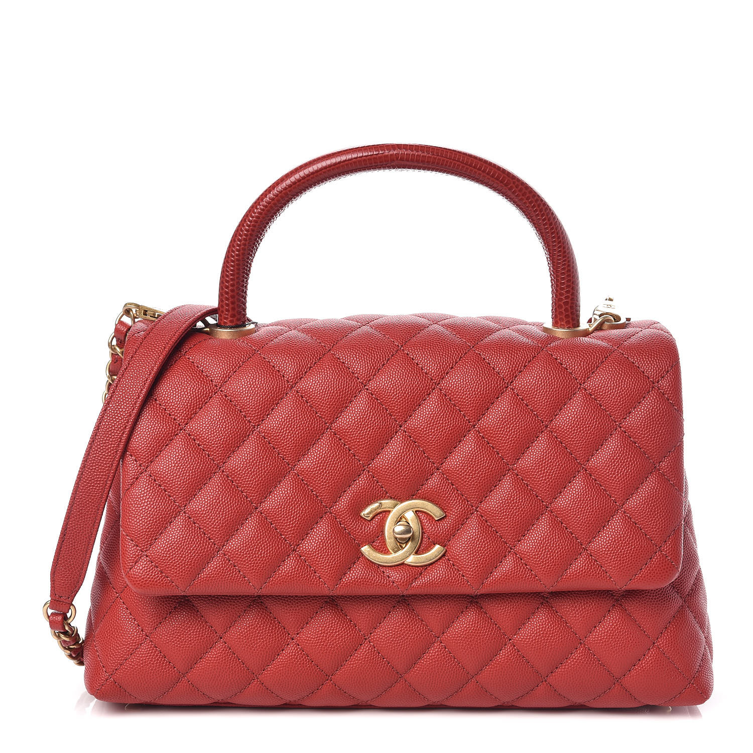 Chanel Caviar Lizard Quilted Small Coco Handle Flap Red 3913 Fashionphile