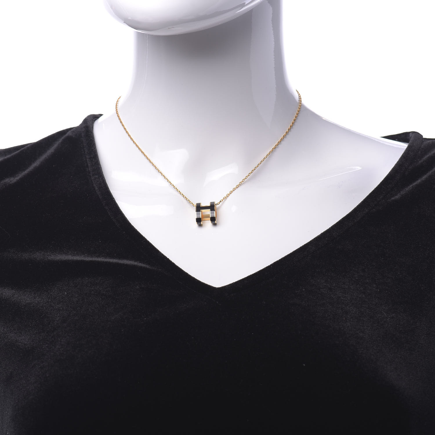 HERMES Lacquered Gold Pop H Pendant Necklace Black 643853 | FASHIONPHILE