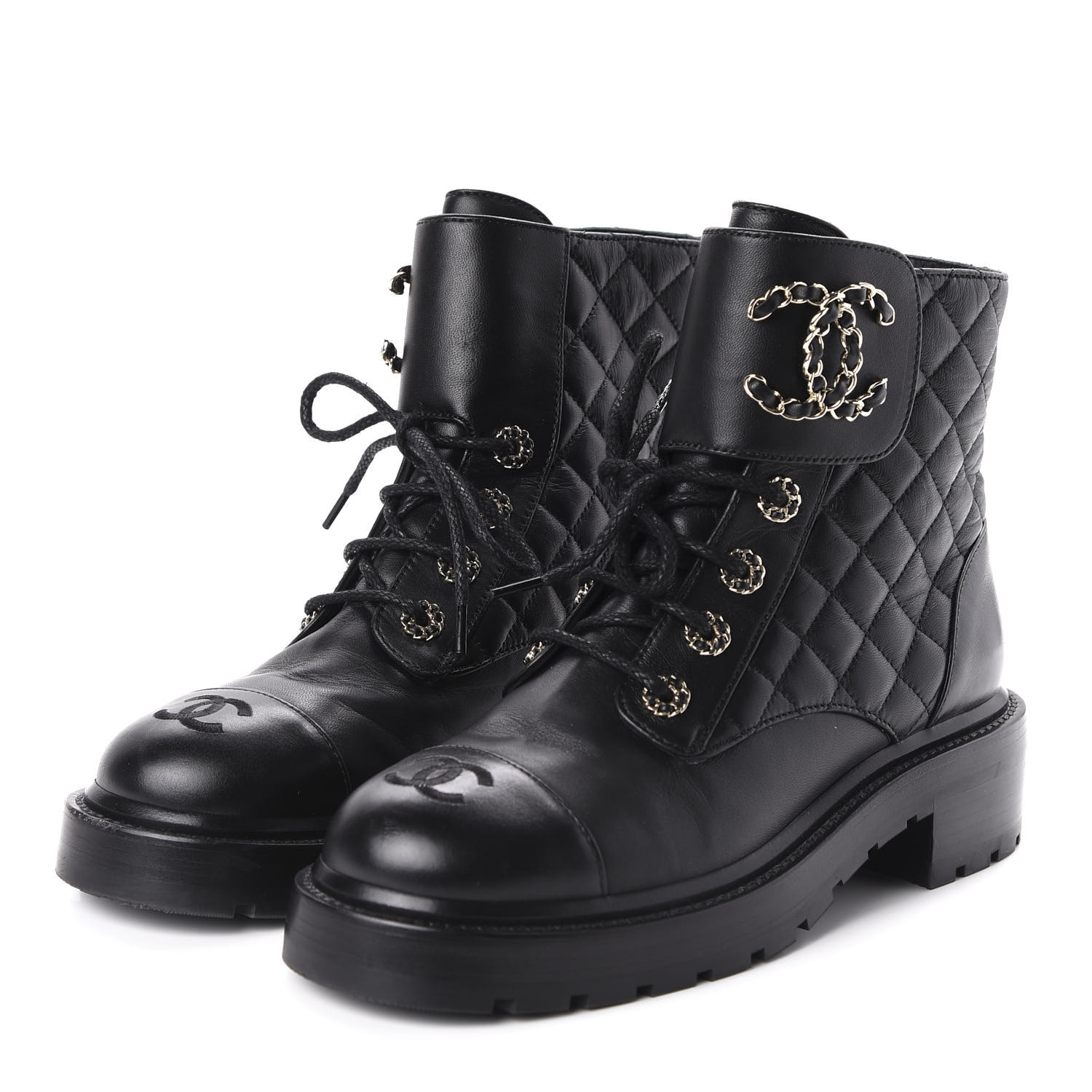 CHANEL Shiny Goatskin Calfskin Quilted Lace Up Combat Boots 37.5 Black ...