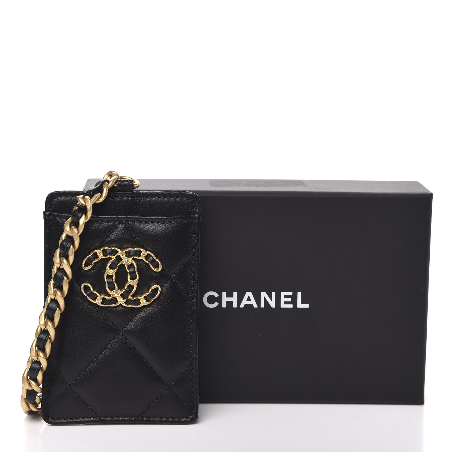 CHANEL Goatskin Quilted Chanel 19 Card Holder On Chain Black 