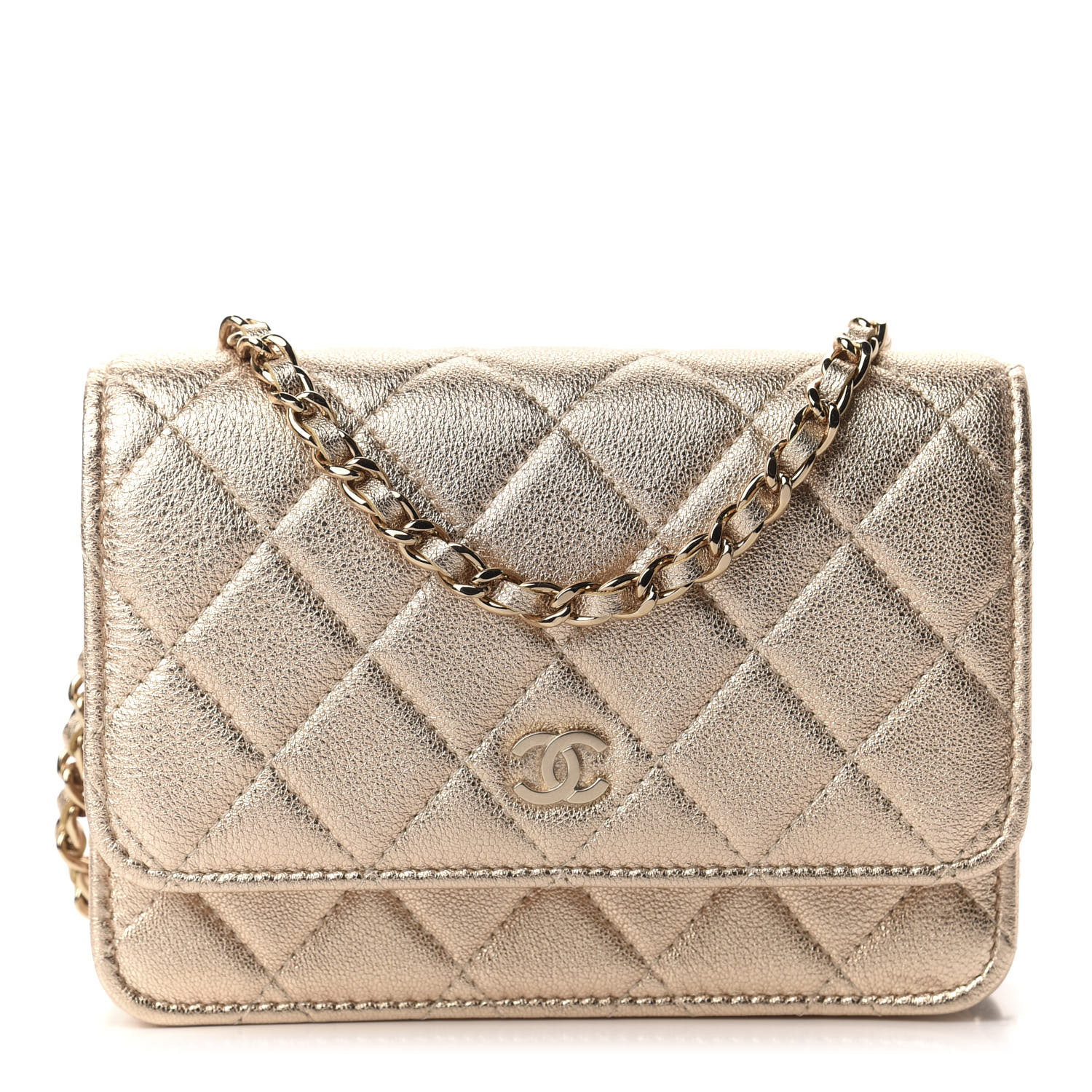 CHANEL Metallic Lambskin Quilted Mini Wallet On Chain WOC Gold 657859 ...