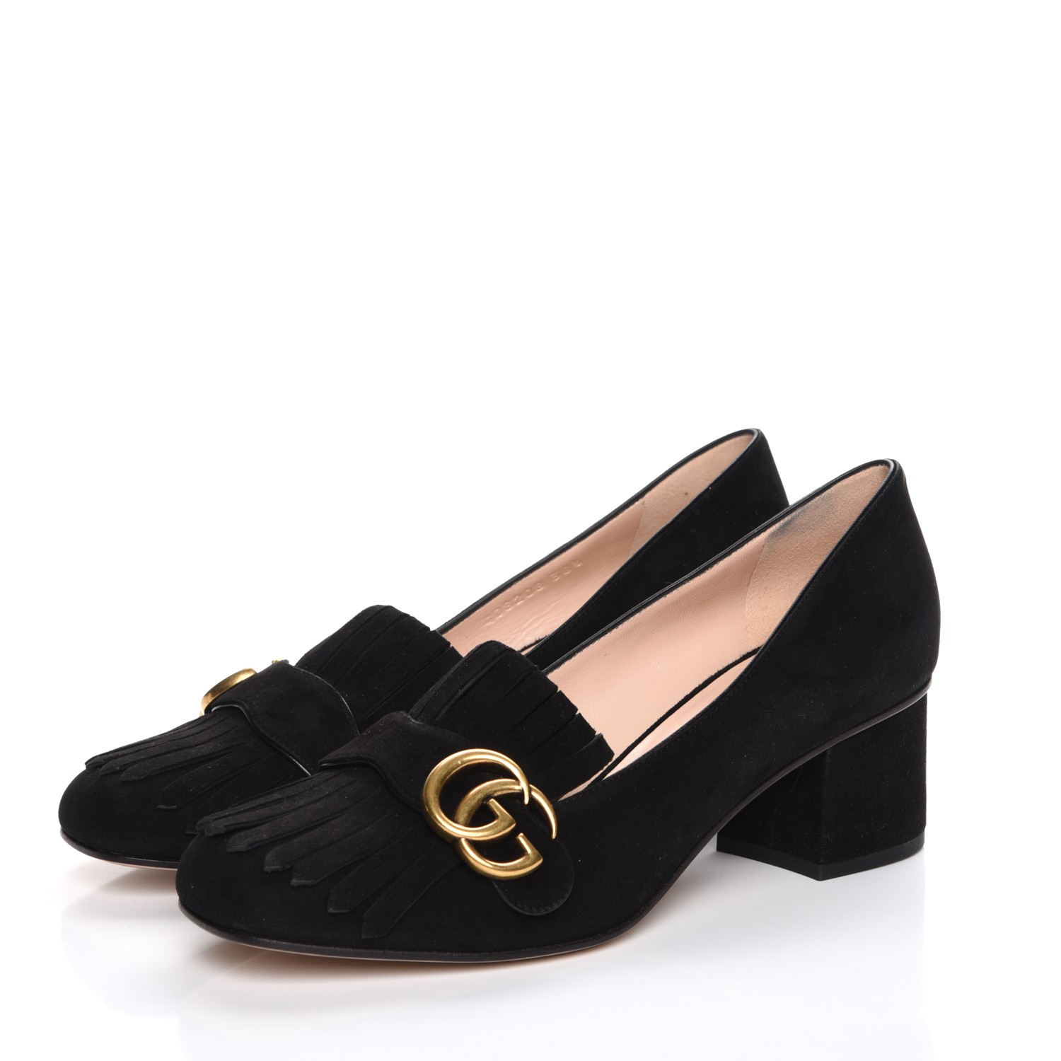 GUCCI Suede GG Marmont Fringe Loafer Pumps 38.5 Black 215429