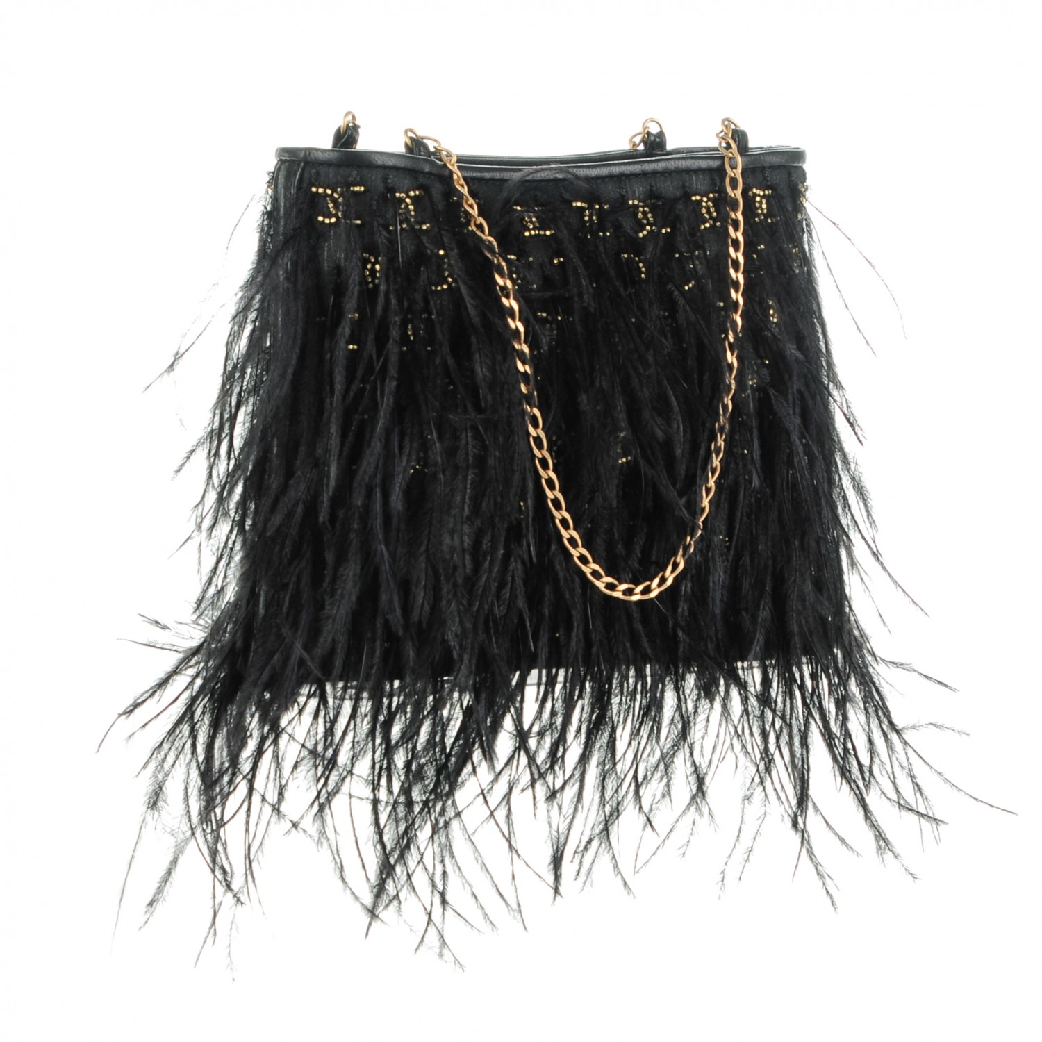 CHANEL Ostrich Feather Beaded CC Evening Bag Black 154840