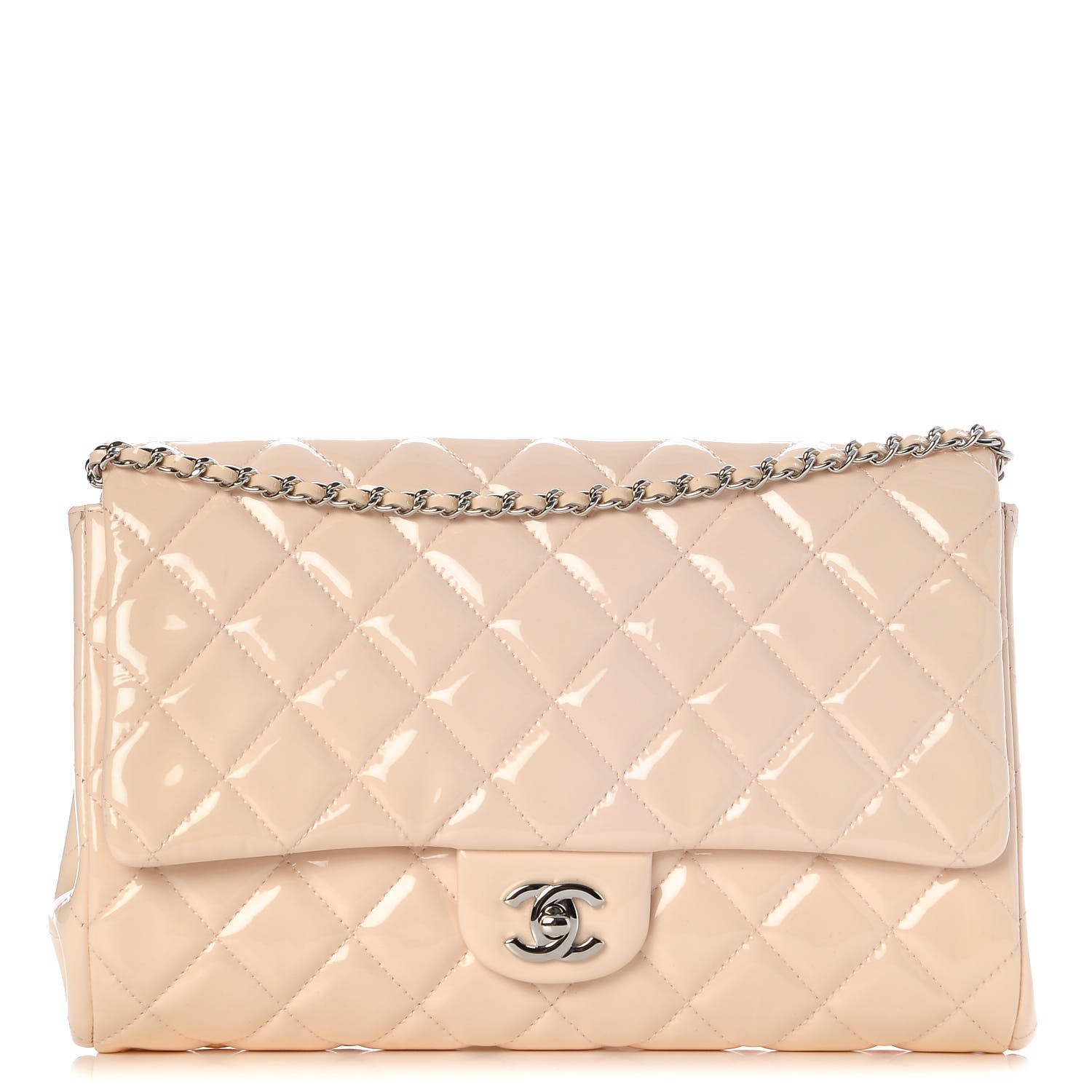 beige patent clutch