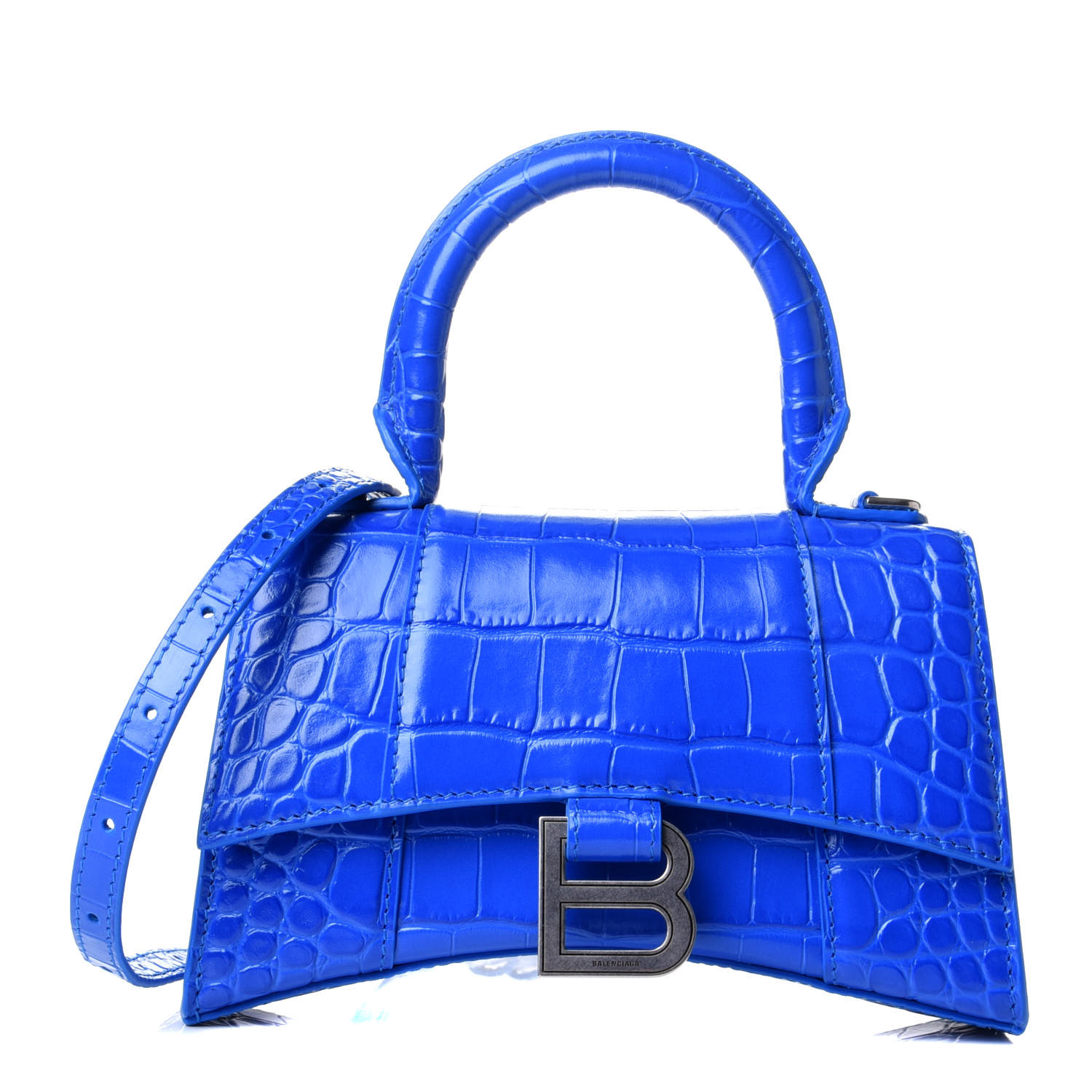BALENCIAGA Calfskin Crocodile Embossed Hourglass Top Handle Bag XS Blue ...