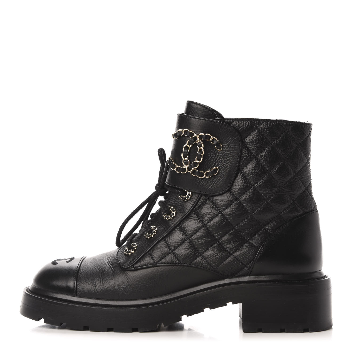 CHANEL Shiny Goatskin Calfskin Quilted Lace Up Combat Boots 39 Black ...