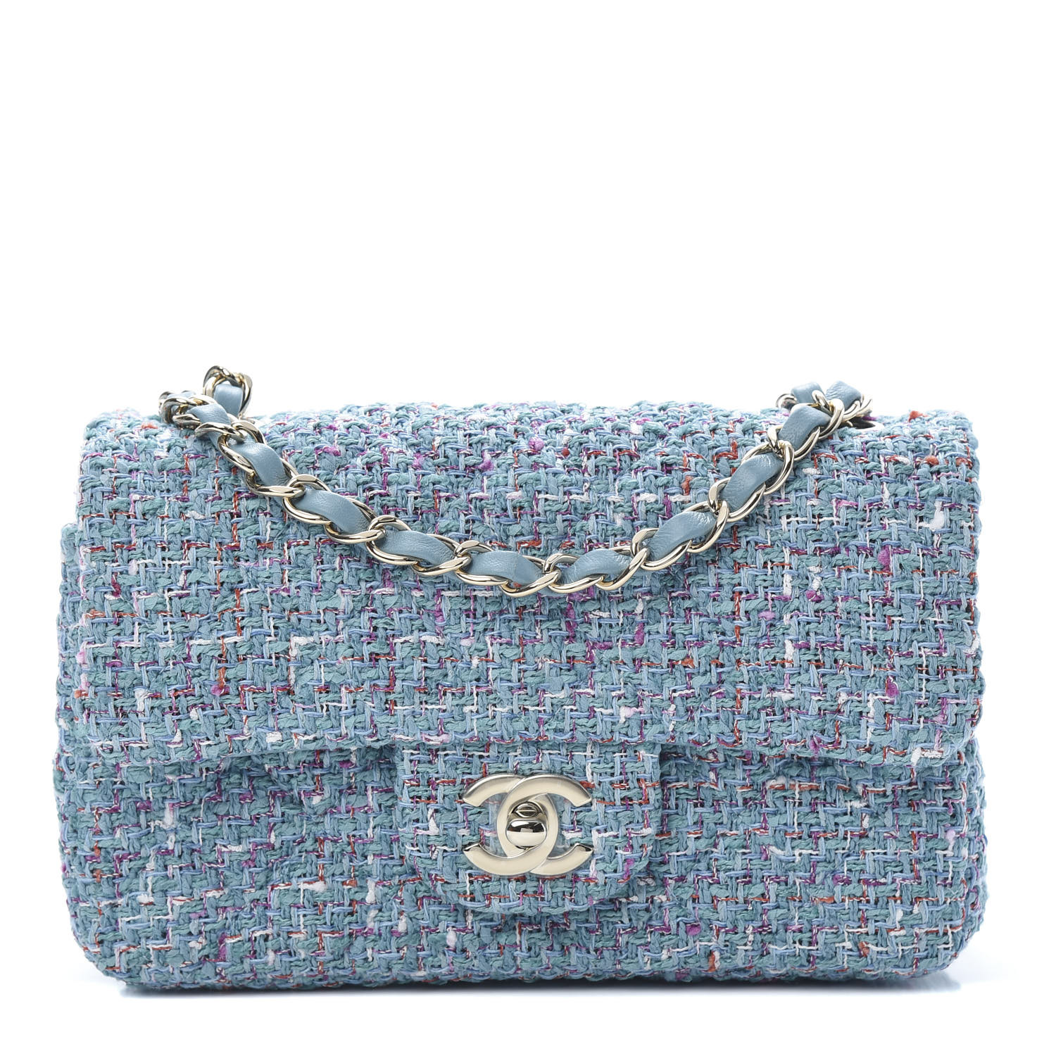 CHANEL Tweed Quilted Mini Rectangular Flap Turquoise Purple White Red