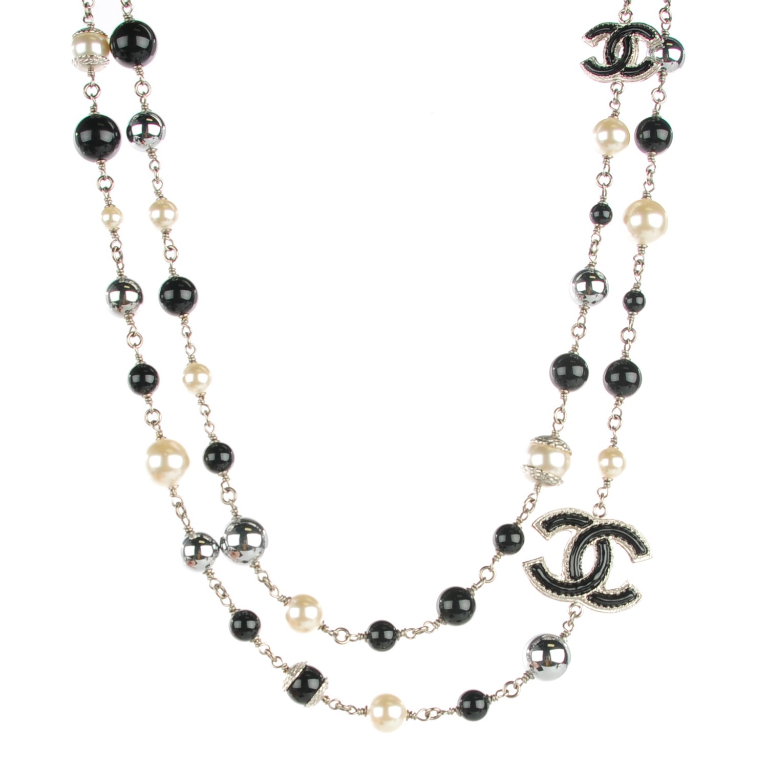 CHANEL Pearl Beaded CC Long Necklace Black 124538