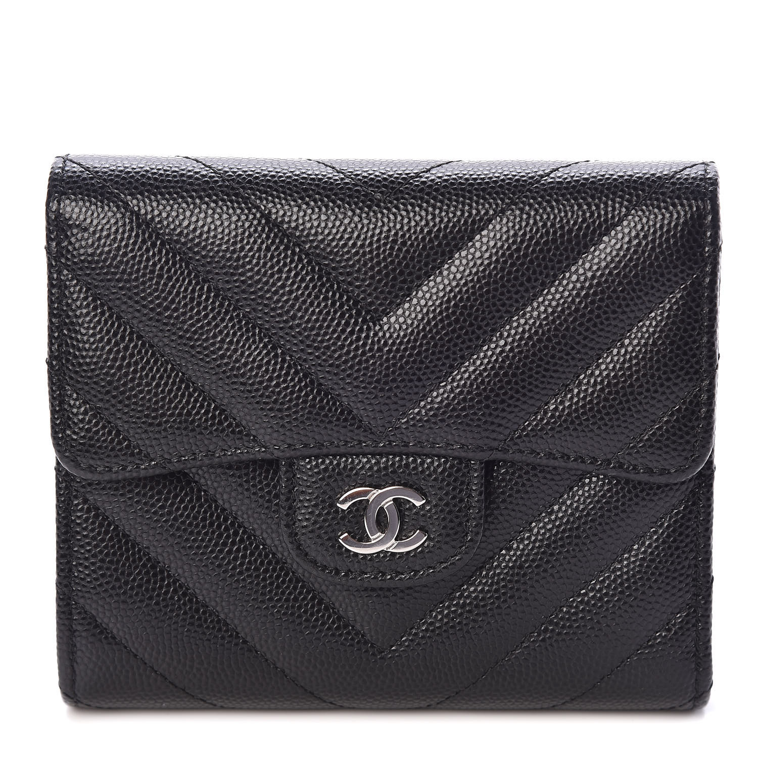 CHANEL Caviar Chevron Quilted Compact Flap Wallet Black 457031